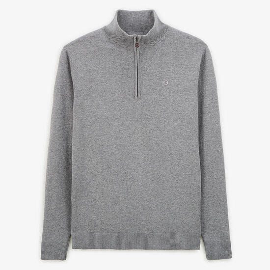 Pull col zippé en coton et laine gris chiné Malo