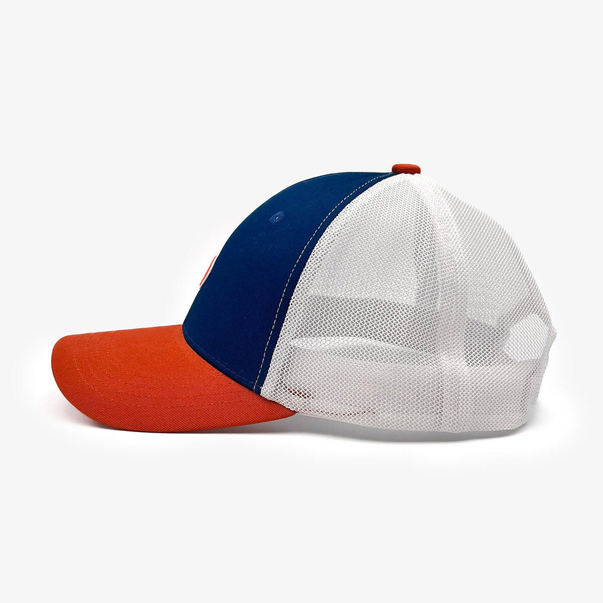 Cappellino trucker blu navy e ruggine 3/4