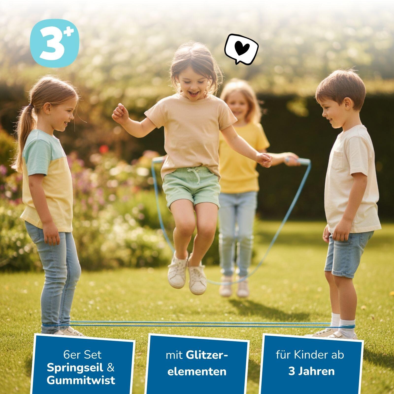 2 in 1 Springseil & Gummitwist, Set mit je 6 Hüpfseilen & Gummibändern 2/7