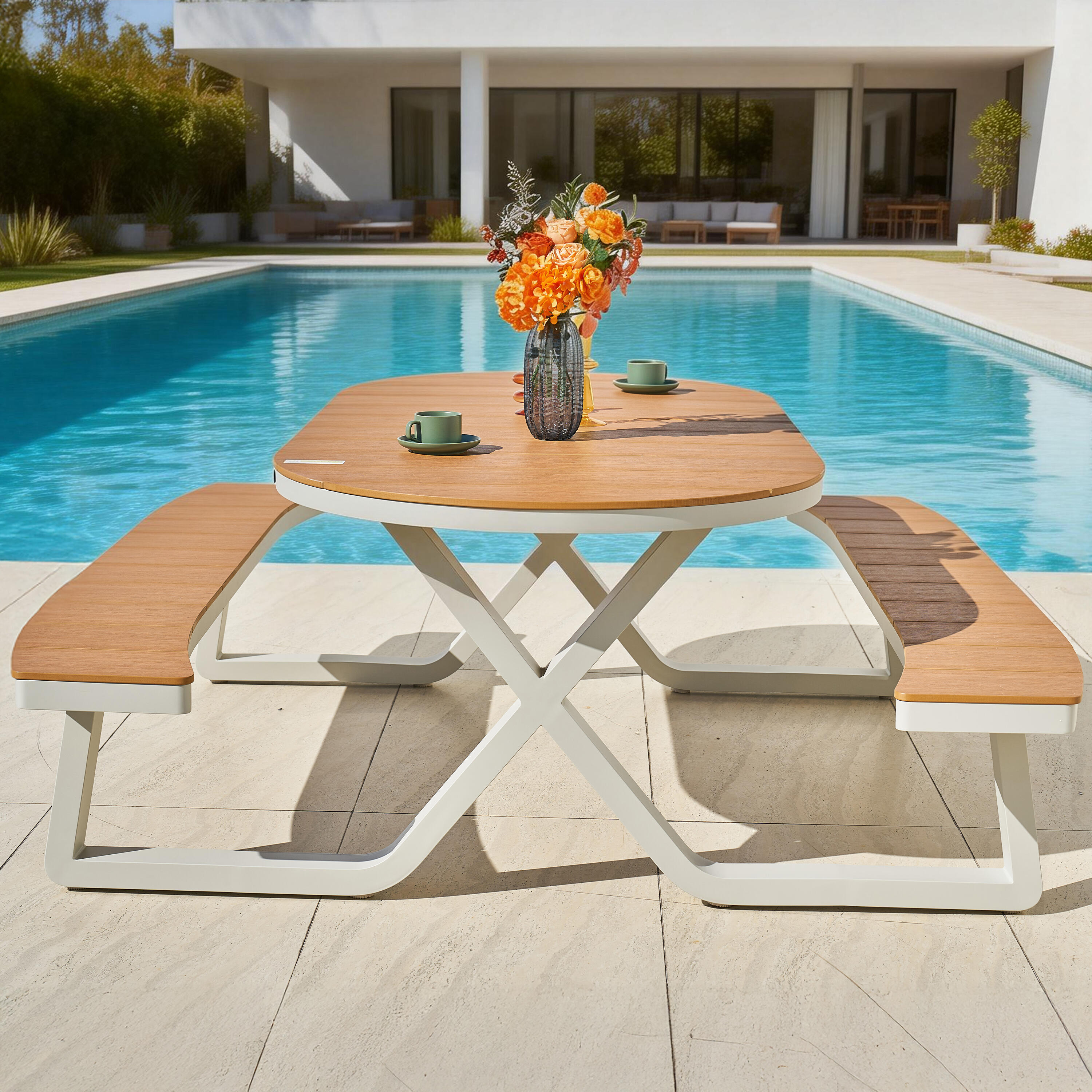 Table de Pique-Nique, Ovale, Teck,  6 Personnes, Beige 3/7
