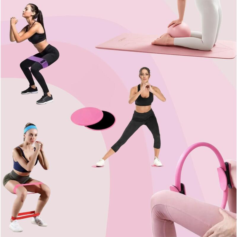 Kit complet Pilates fitness cu inel, benzi, discuri glisare, minge și șosete