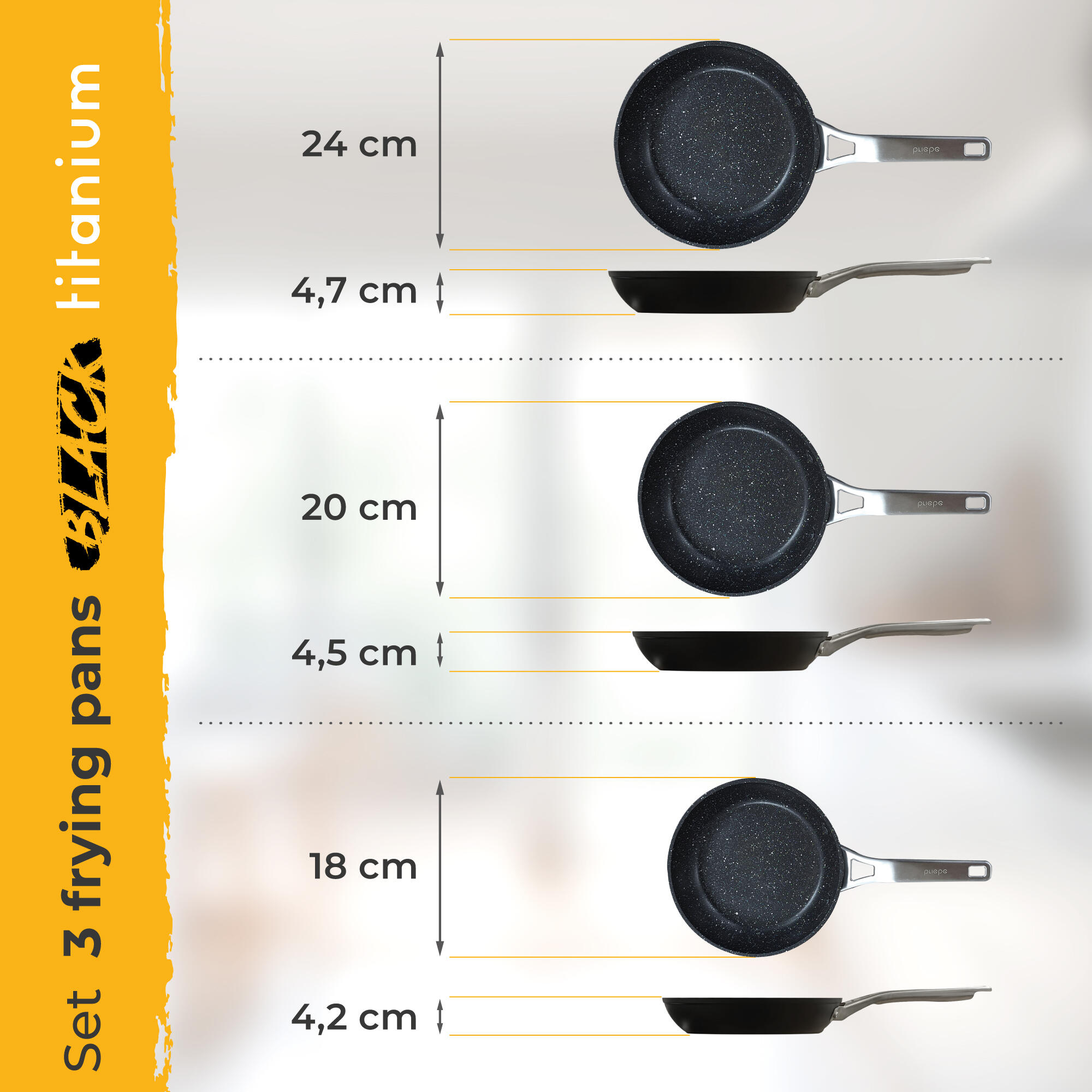 Set van 3 Antiaanbakpannen voor Inductie, Titanium 18-20-24 cm, Aluminium 6/7