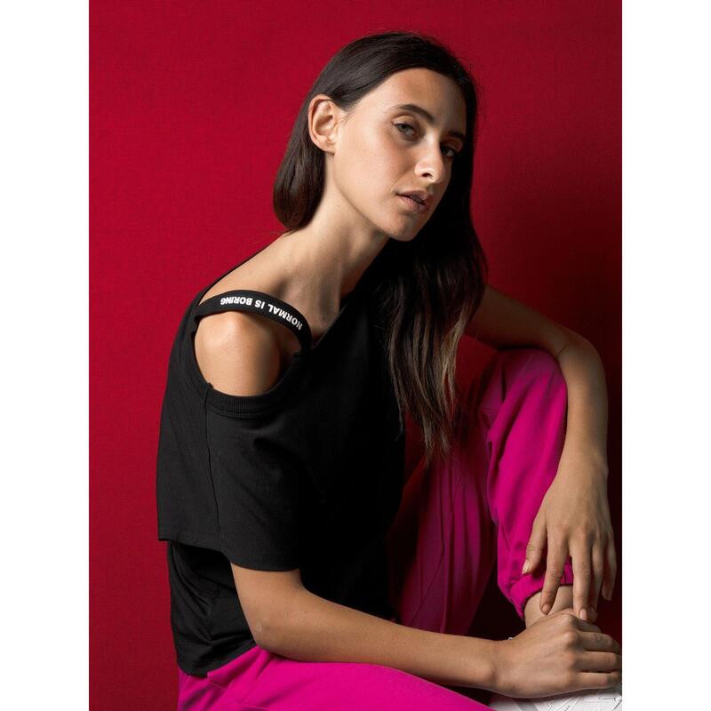 Tricou cu un singur umăr pentru femei, alb-negru