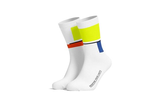 Chaussettes de cyclisme sur route, carrées, bleues, jaune fluo
