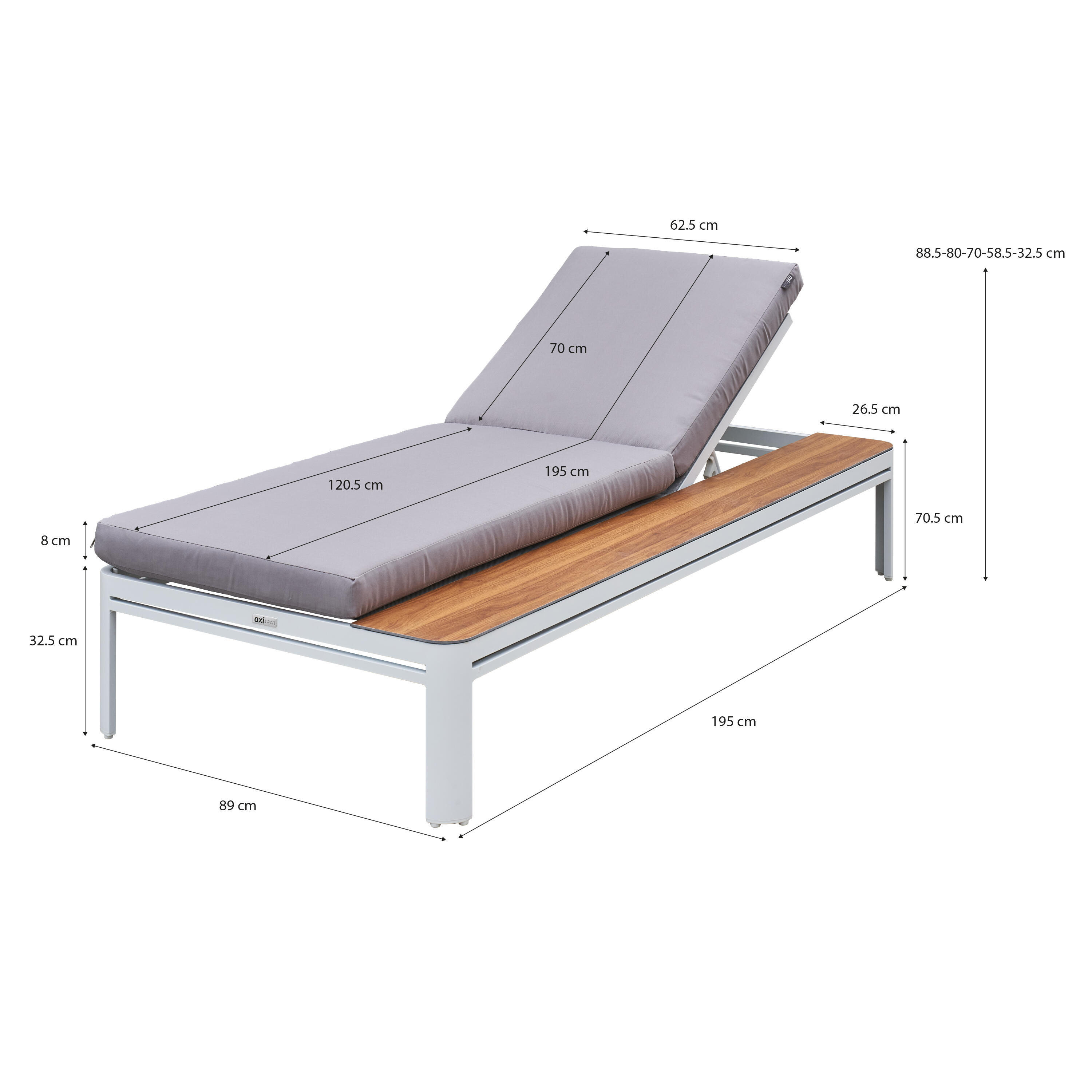 Chaise longue avec table en bois - 5 positions / Gris 3/7