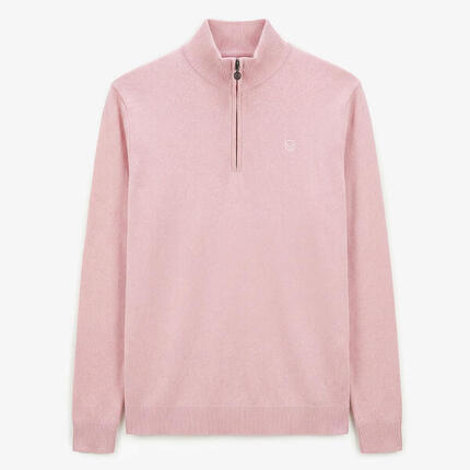 Pull col zippé en coton et laine rose Malo