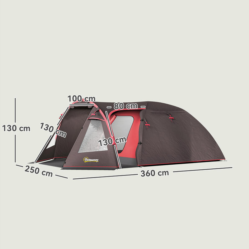 Cort de camping Outsunny pentru 2-4 persoane, cu camere separate, uși duble, gri