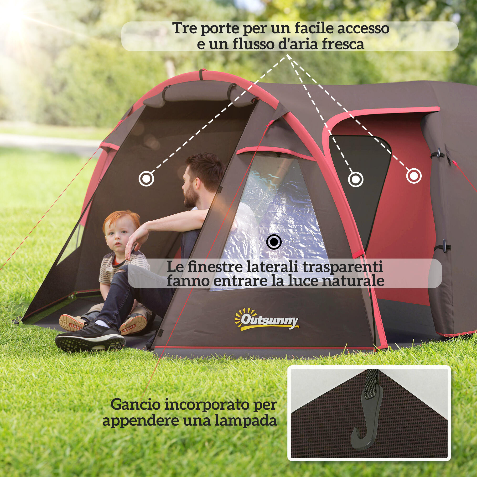 Outsunny Tenda da Campeggio 2-4 Persone Stanze Separate e Doppie Porte Grigio 7/8