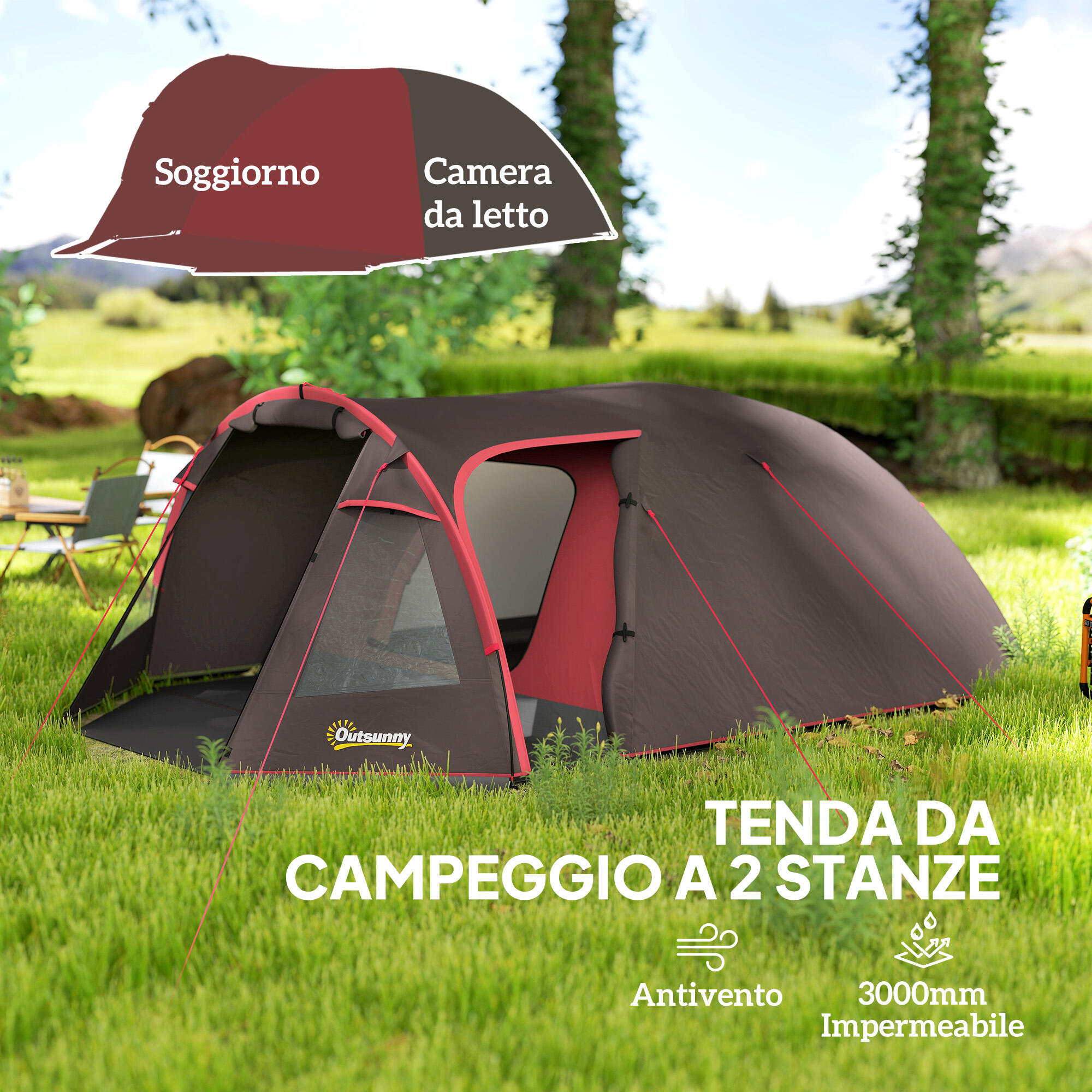 Outsunny Tenda da Campeggio 2-4 Persone Stanze Separate e Doppie Porte Grigio 4/8