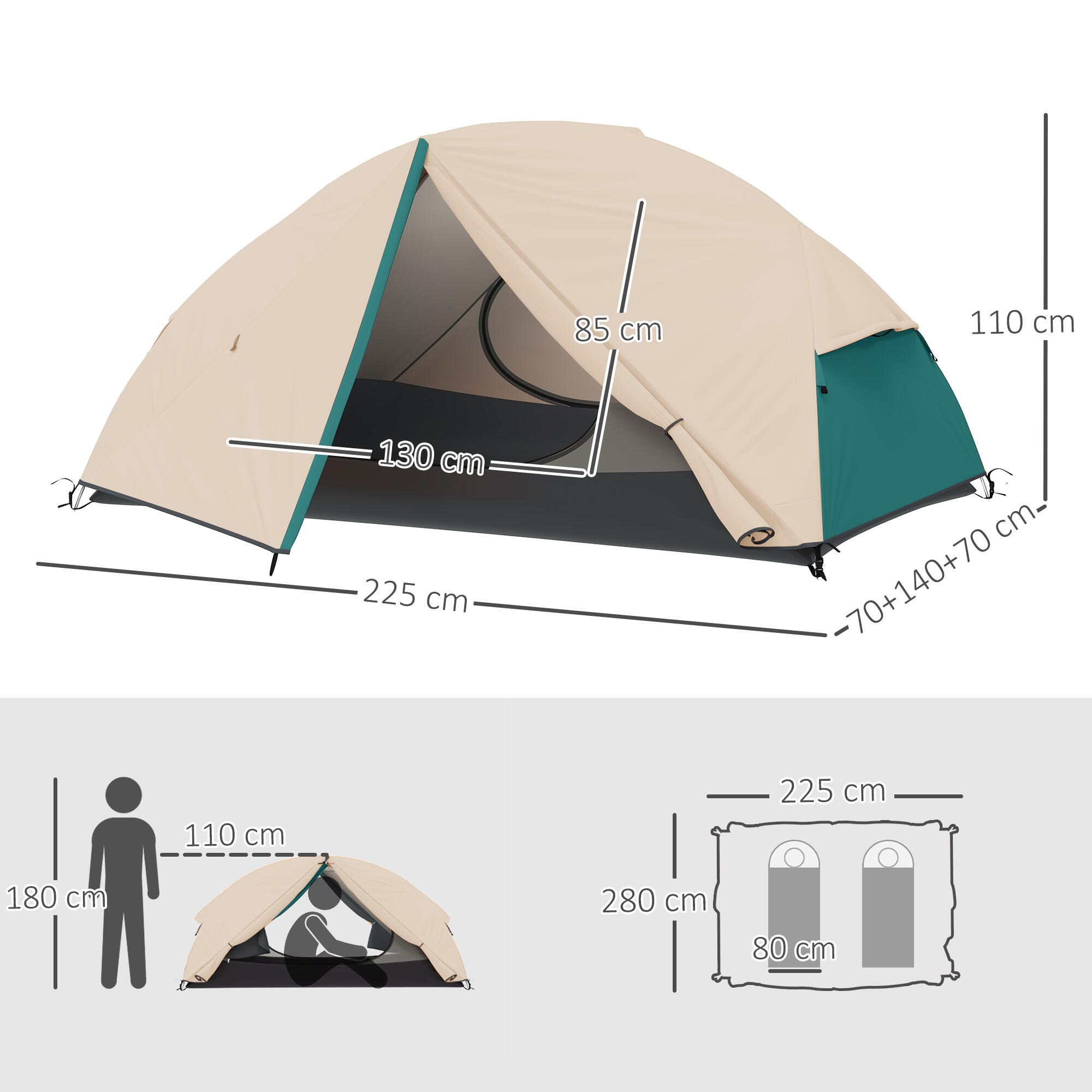 Outsunny Tenda da Campeggio 2 Posti 2 Vestiboli e Borsa di Trasporto Beige 3/7