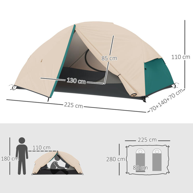 Cort de camping Outsunny pentru 2 persoane, cu geantă de transport, bej