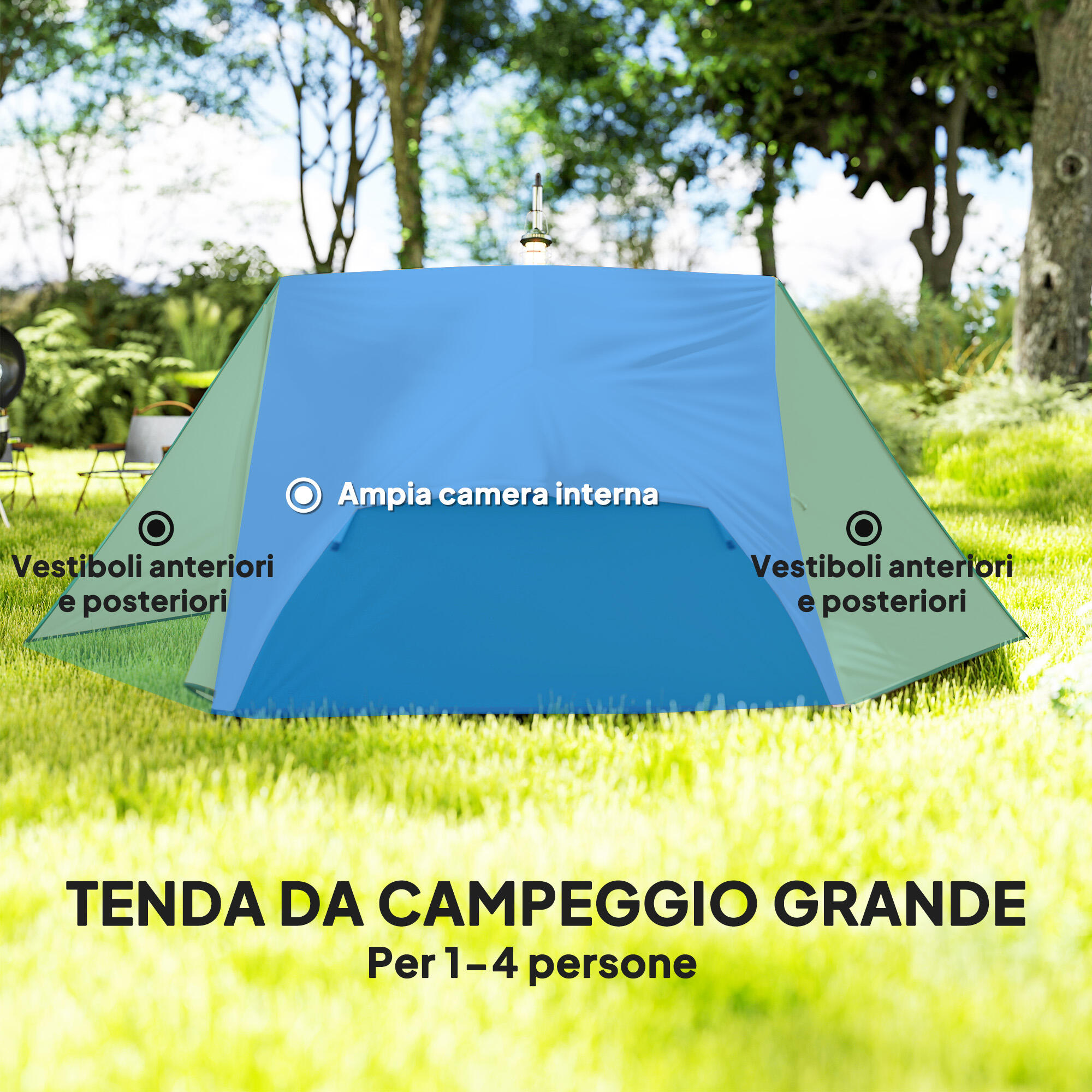 Outsunny Tenda da Campeggio 2 Posti 2 Vestiboli e Borsa di Trasporto Beige 5/7