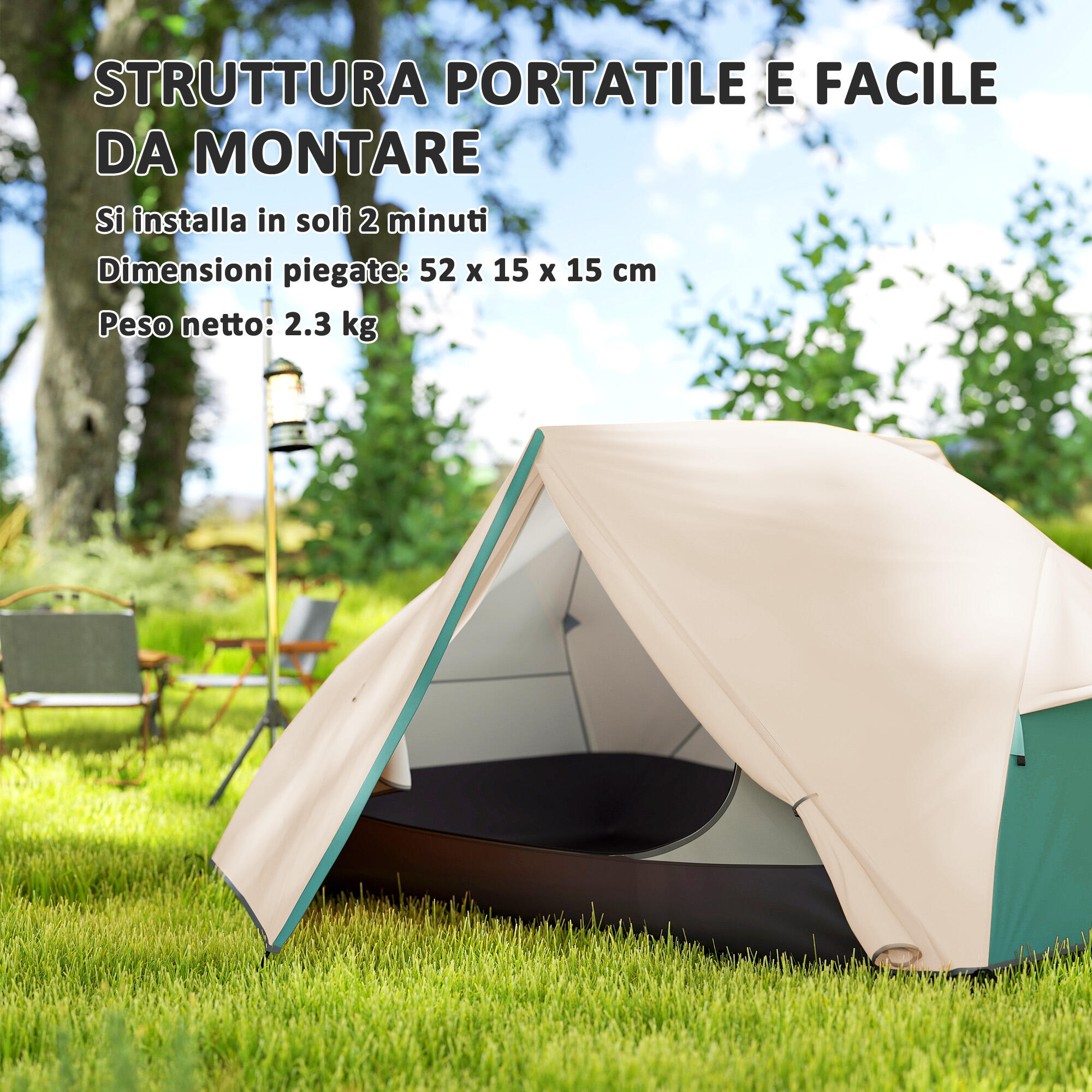 Outsunny Tenda da Campeggio 2 Posti 2 Vestiboli e Borsa di Trasporto Beige 4/7