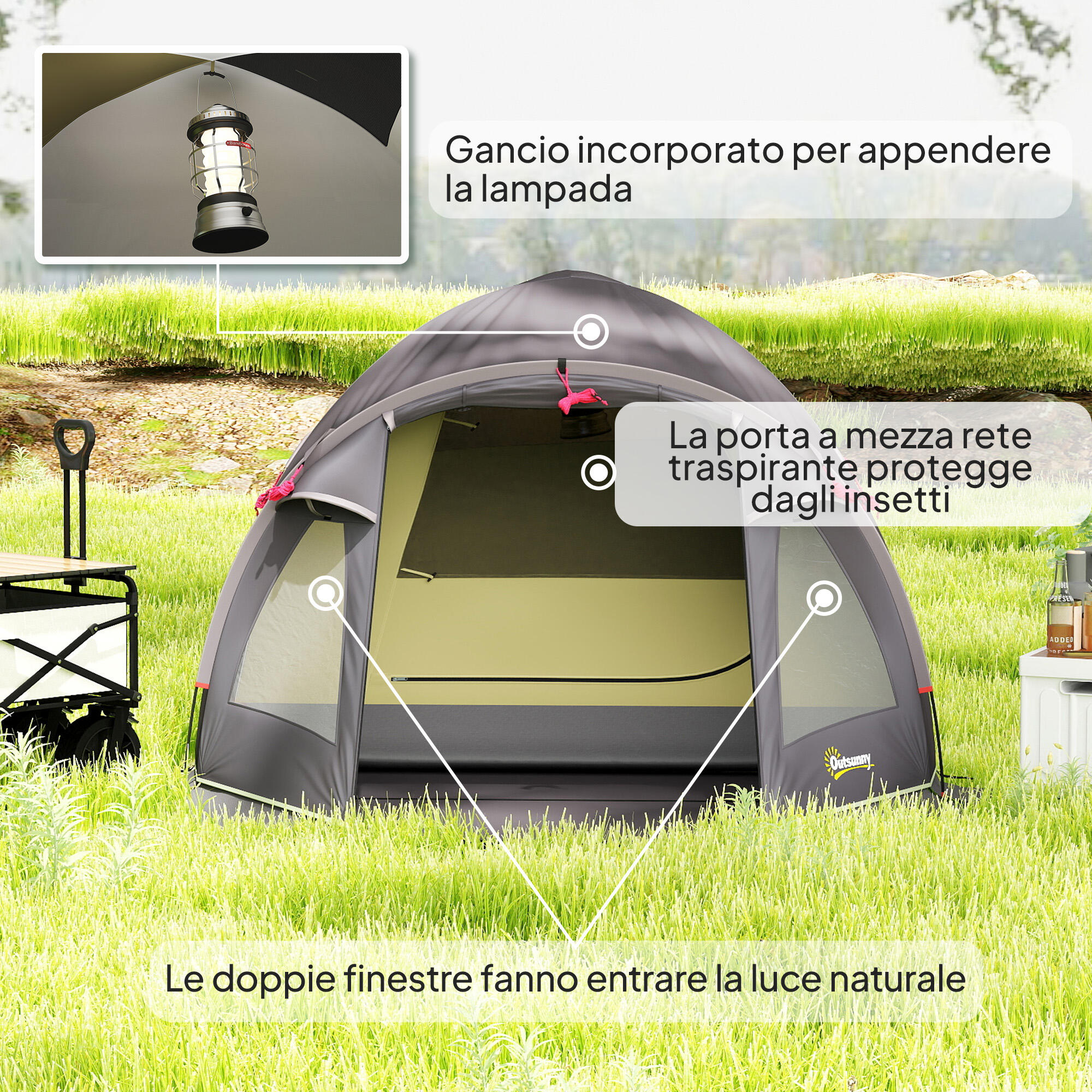 Outsunny Tenda a Tunnel per 2 Persone con Finestre Laterali in Poliestere Nero 7/8