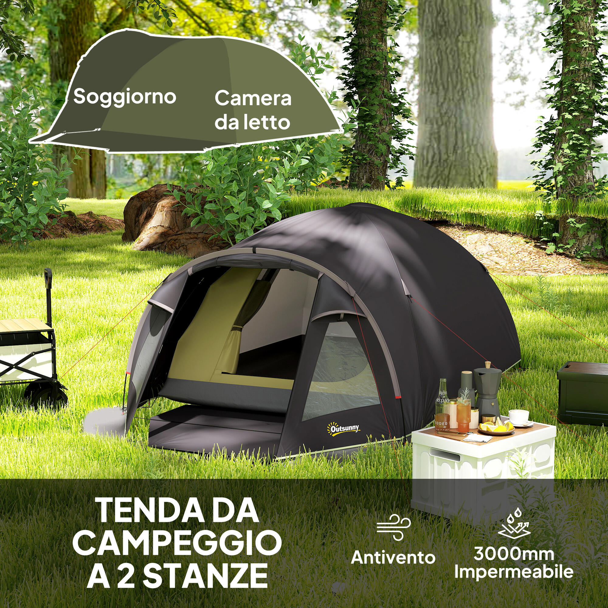 Outsunny Tenda a Tunnel per 2 Persone con Finestre Laterali in Poliestere Nero 4/8