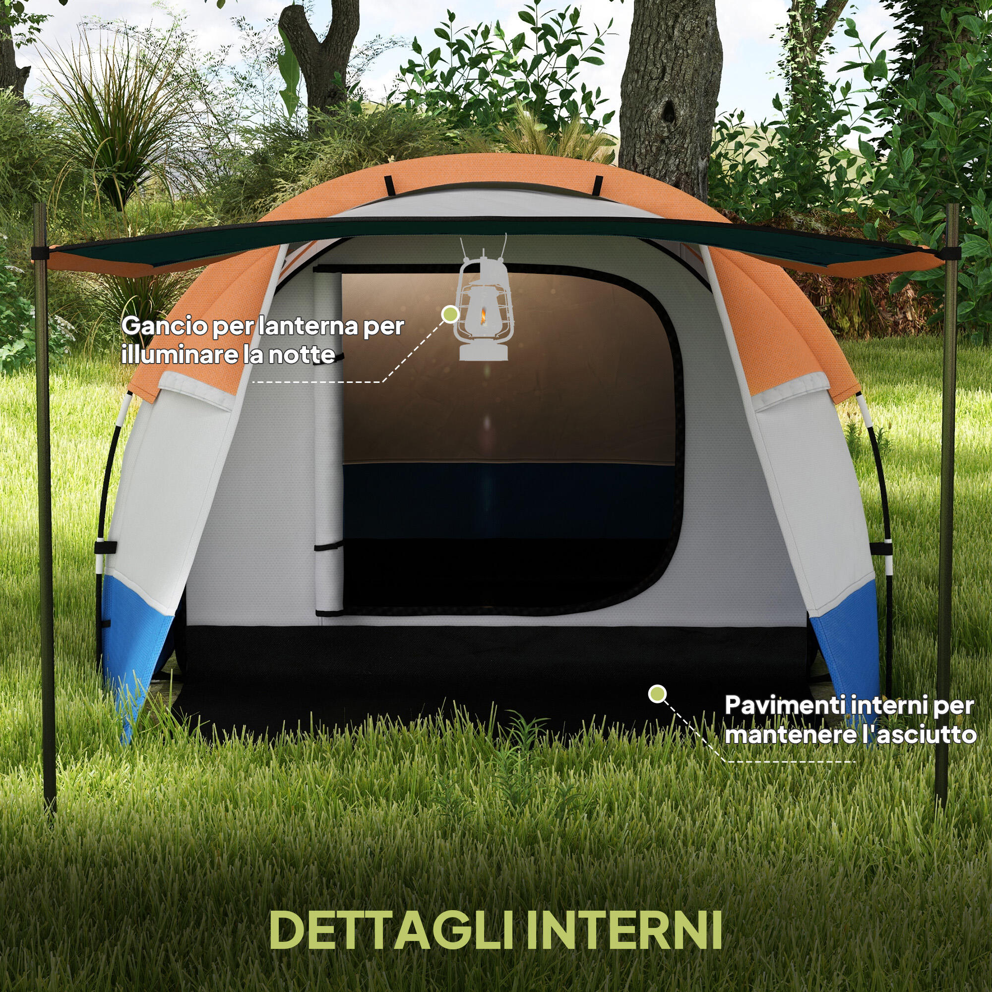 Outsunny Tenda da Campeggio 2-3 Posti Impermeabile con 2 Aree Arancione 6/8