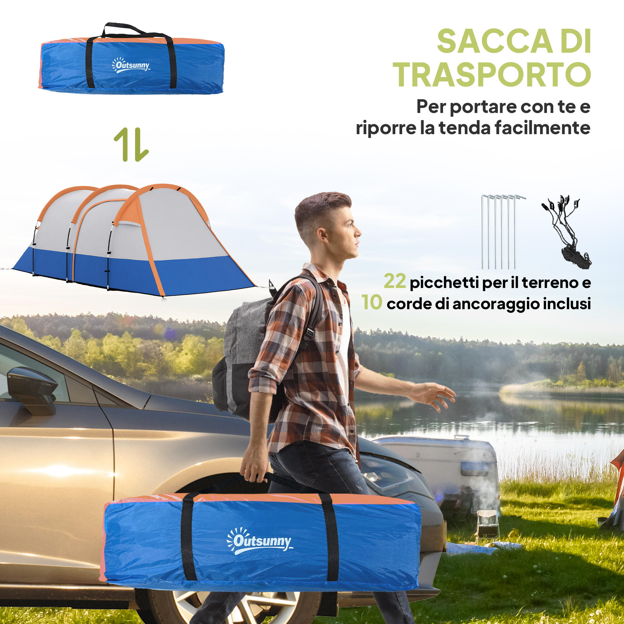 Outsunny Tenda da Campeggio 2-3 Posti Impermeabile con 2 Aree Arancione 7/8