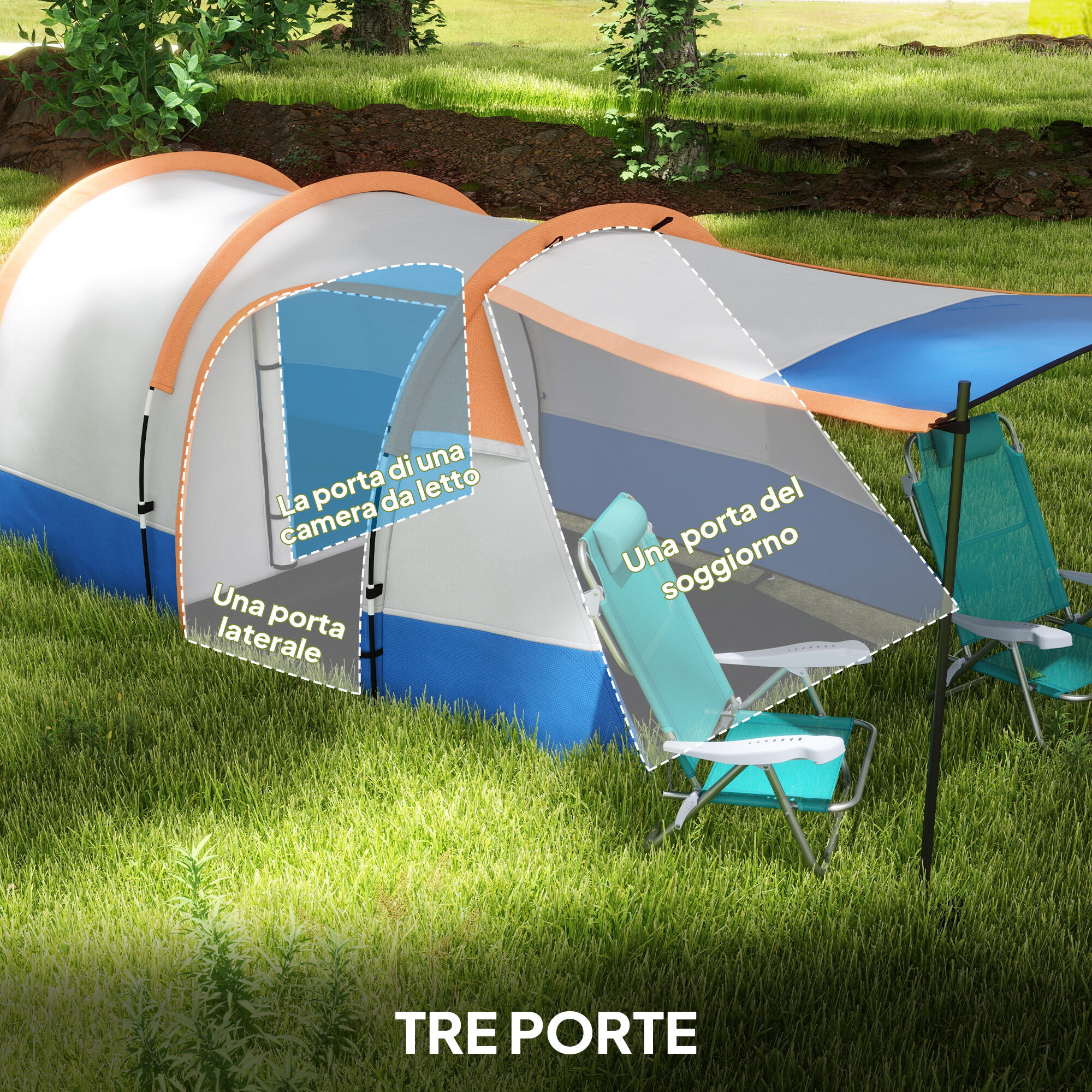 Outsunny Tenda da Campeggio 2-3 Posti Impermeabile con 2 Aree Arancione 5/8