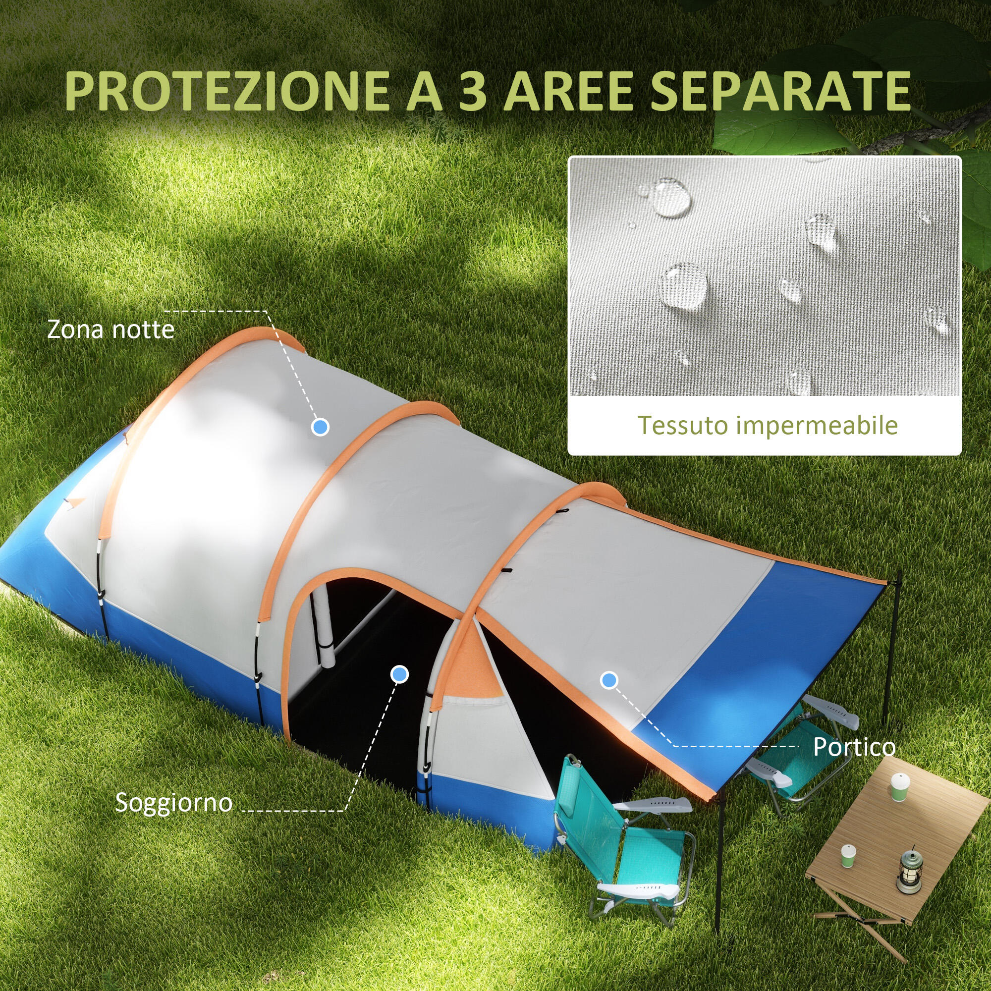 Outsunny Tenda da Campeggio 2-3 Posti Impermeabile con 2 Aree Arancione 4/8