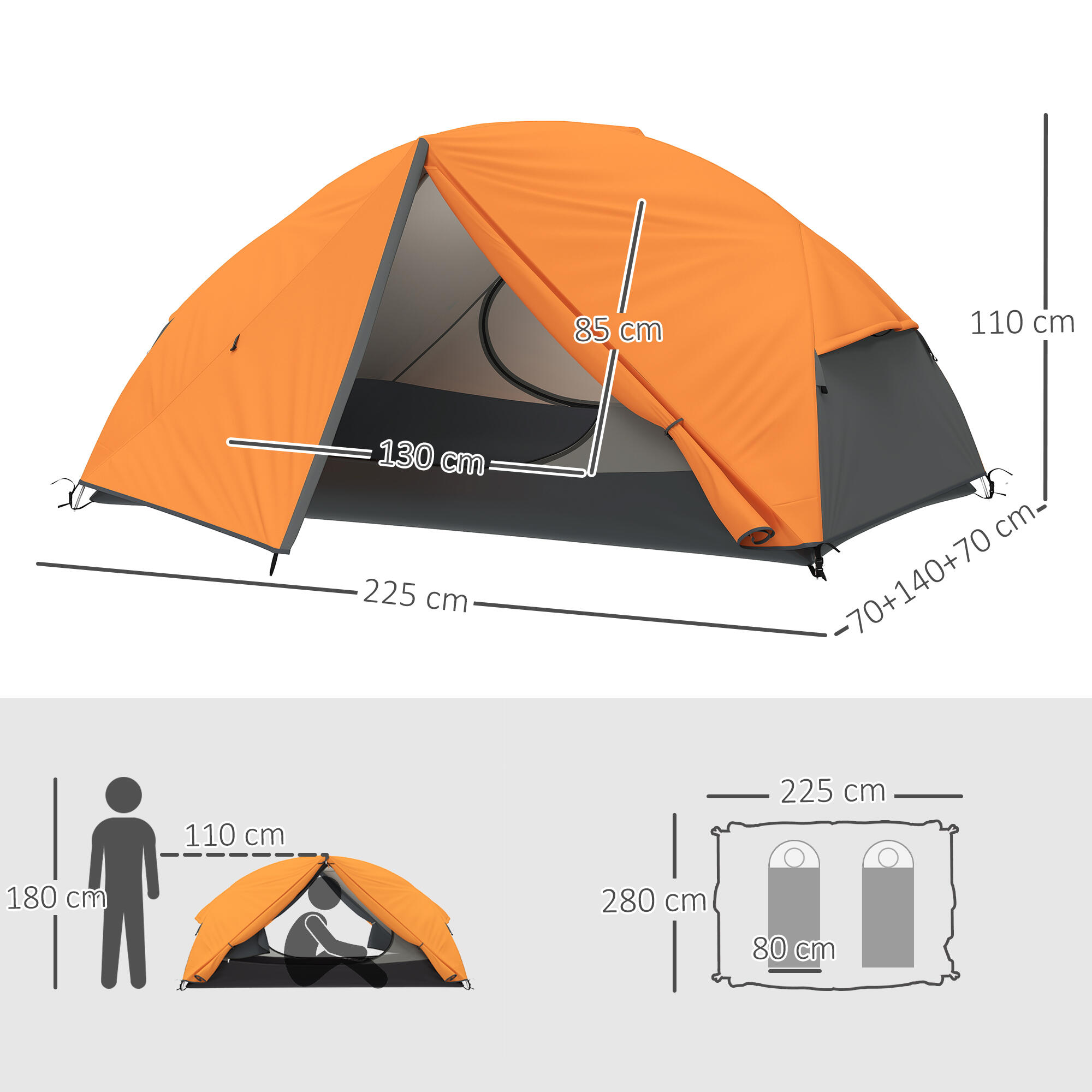 Outsunny Tenda da Campeggio 2 Posti 2 Vestiboli e Borsa di Trasporto Arancione 3/7