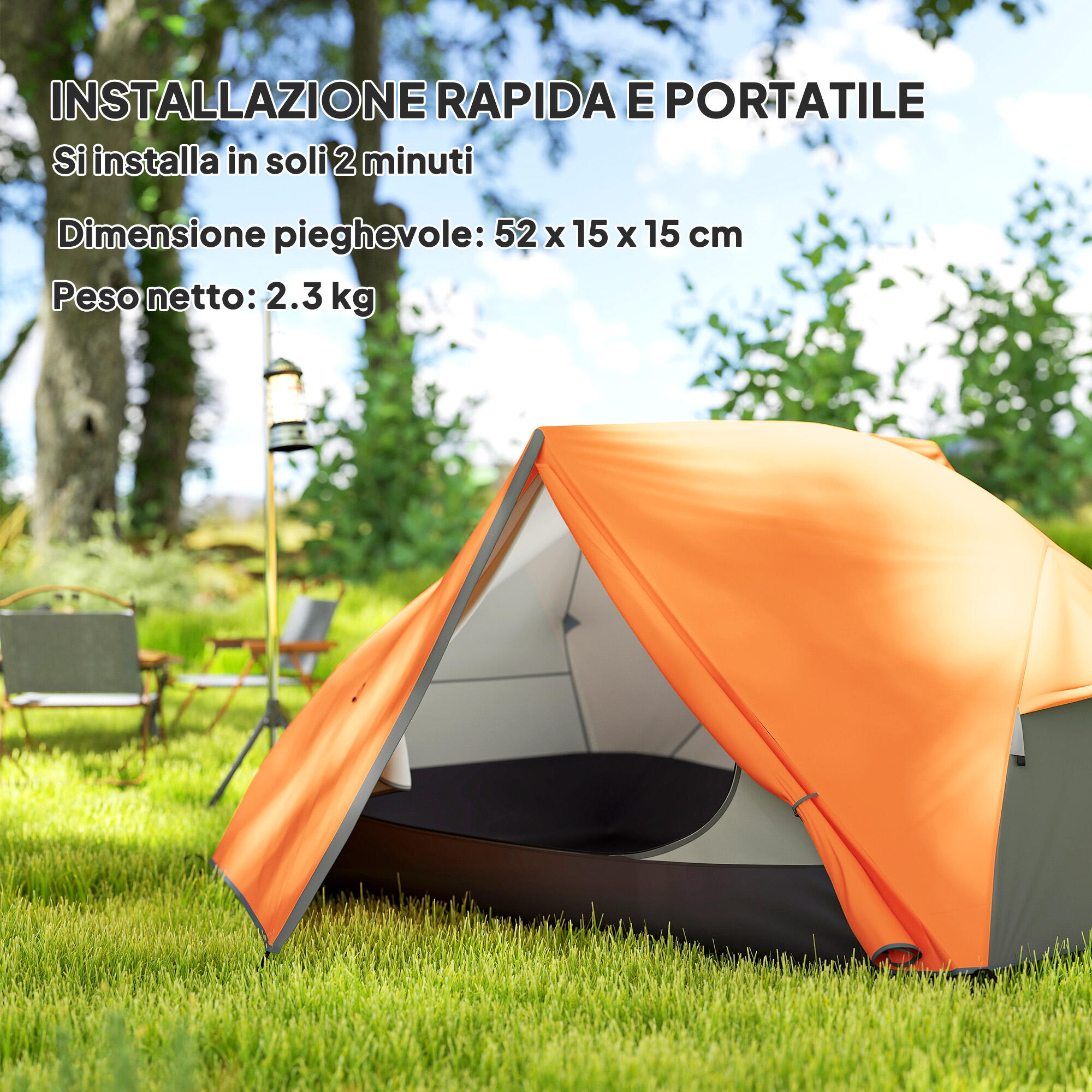 Outsunny Tenda da Campeggio 2 Posti 2 Vestiboli e Borsa di Trasporto Arancione 4/7