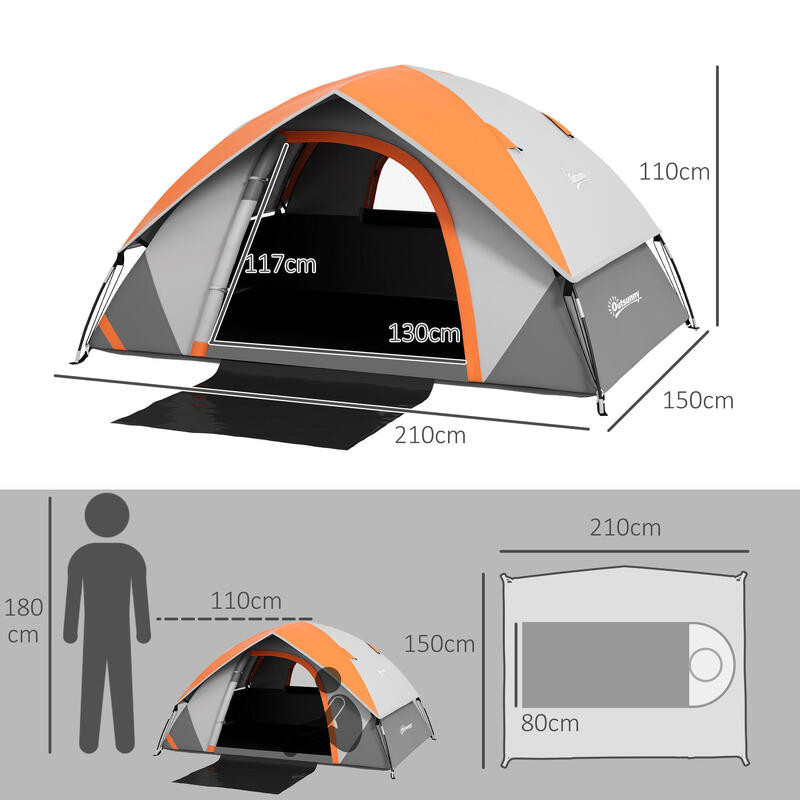 Cort de camping pentru 2 Persoane, Outsunny,  210x150x110 cm, Gri, Portocaliu