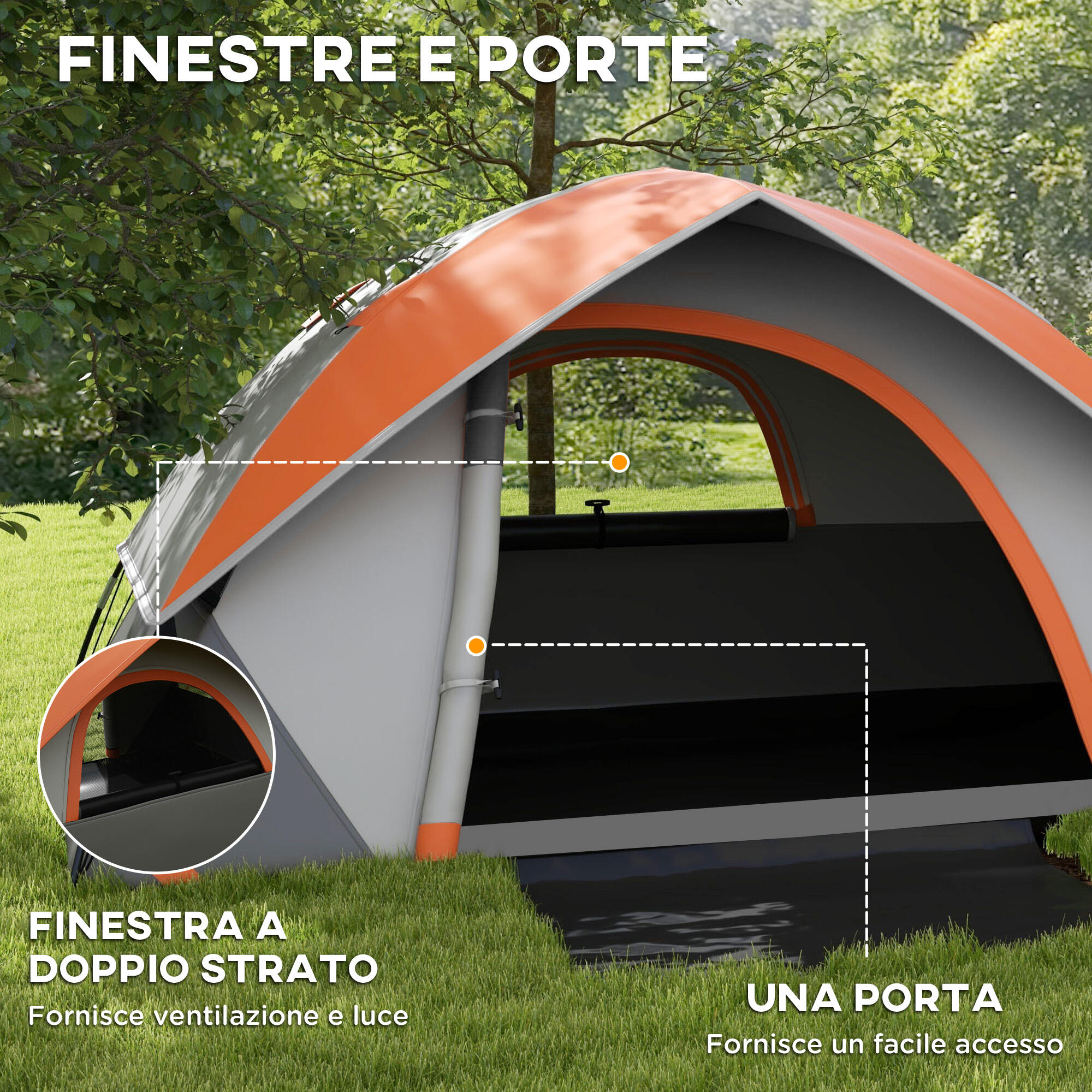 Outsunny Tenda da Campeggio 2 Posti con Finestra a Rete e Gancio Grigio Arancio 6/7