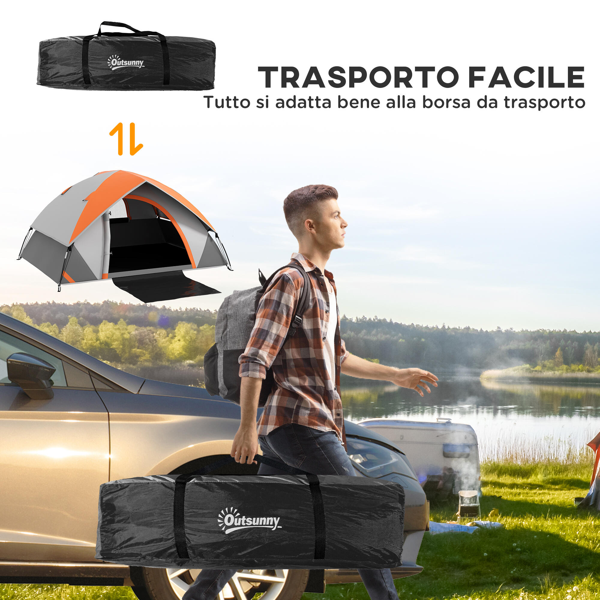 Outsunny Tenda da Campeggio 2 Posti con Finestra a Rete e Gancio Grigio Arancio 7/7