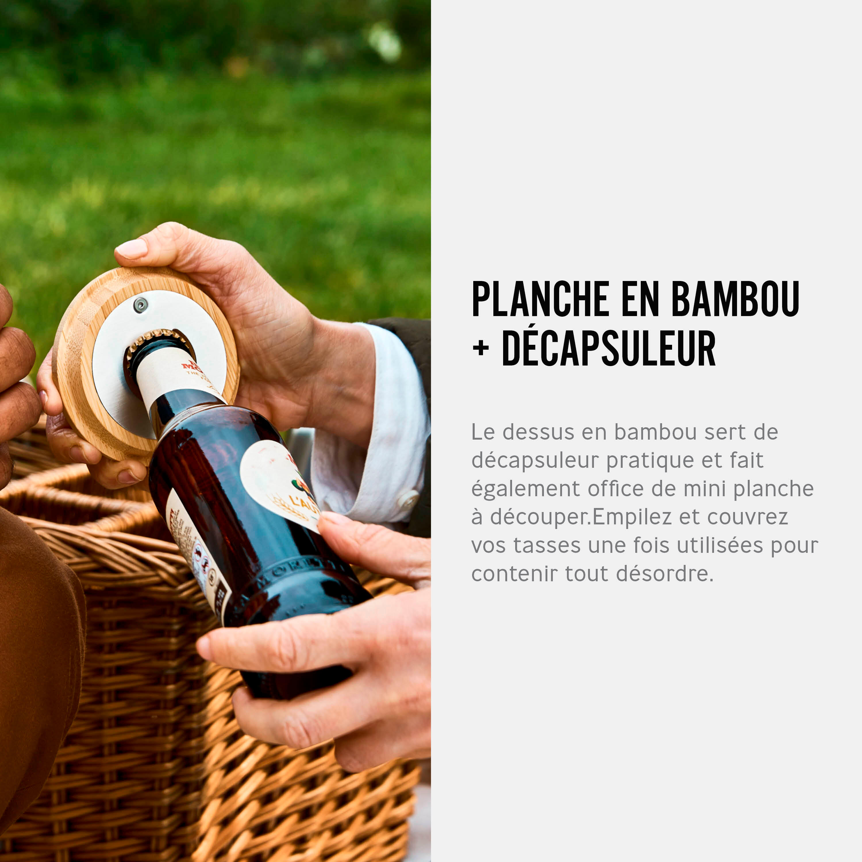 SET DE 4 VERRES EN ACIER INOX 500ML-PLANCHE EN BAMBOU ET DÉCAPSULEUR 6/7