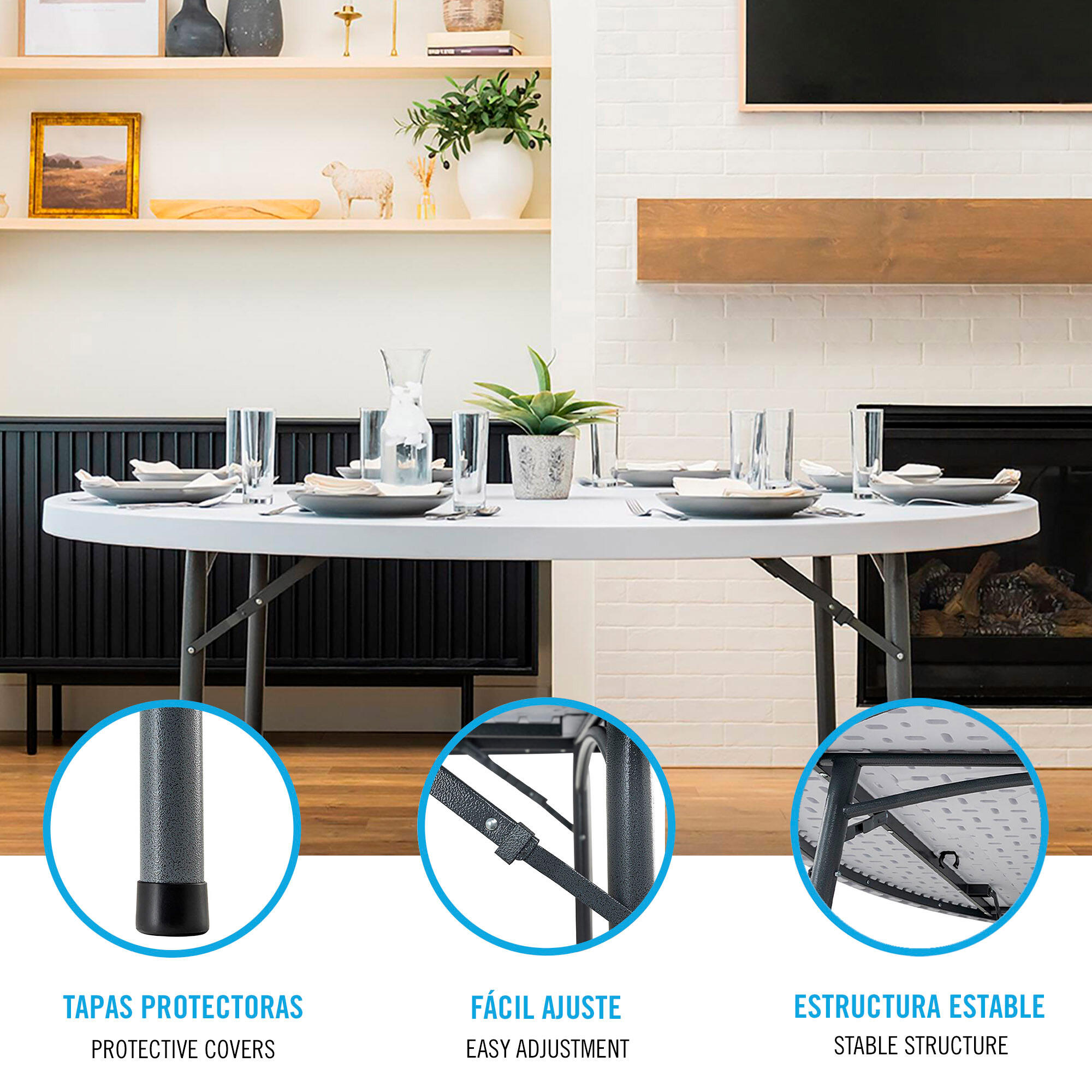 PEAKFORM Mesa redonda patas plegables Ø180x74 cm 3/7