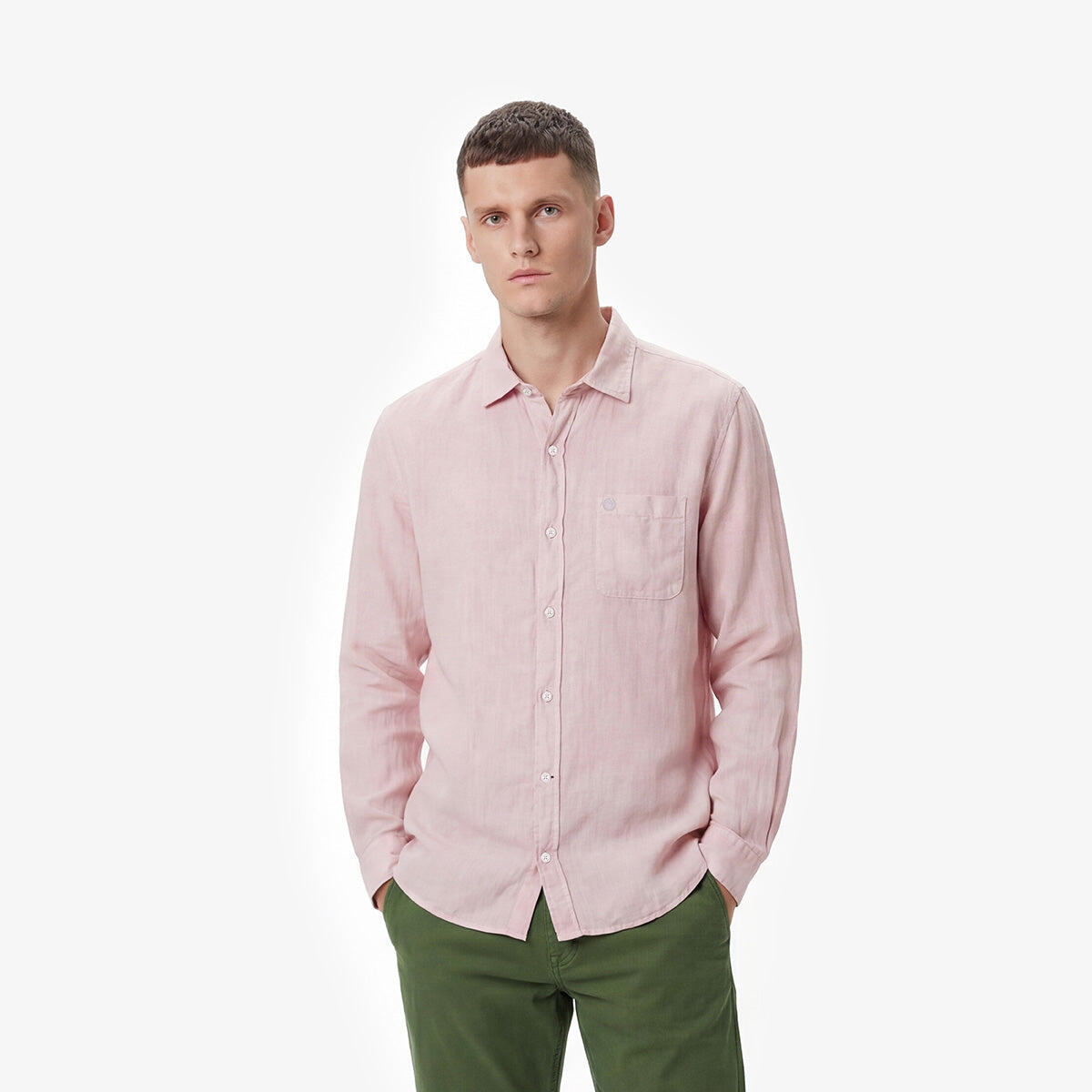 Camicia a maniche lunghe in lino rosa tinta unita 2/5