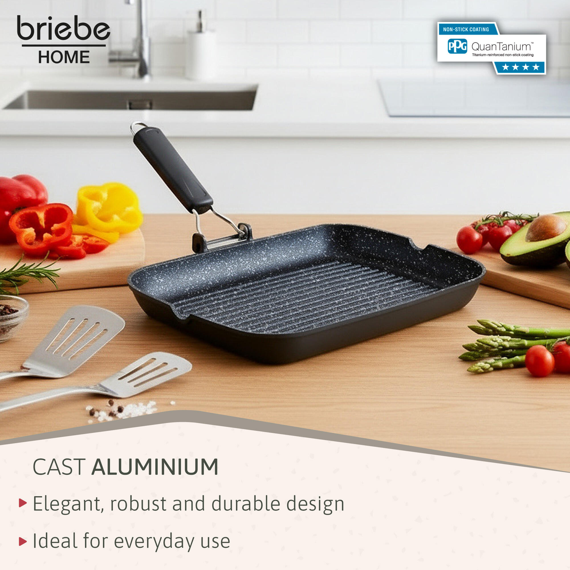 Poêle à Griller Induction Antiadhésif Titane 34x24cm Fonte d'Aluminium sans PFOA 3/7