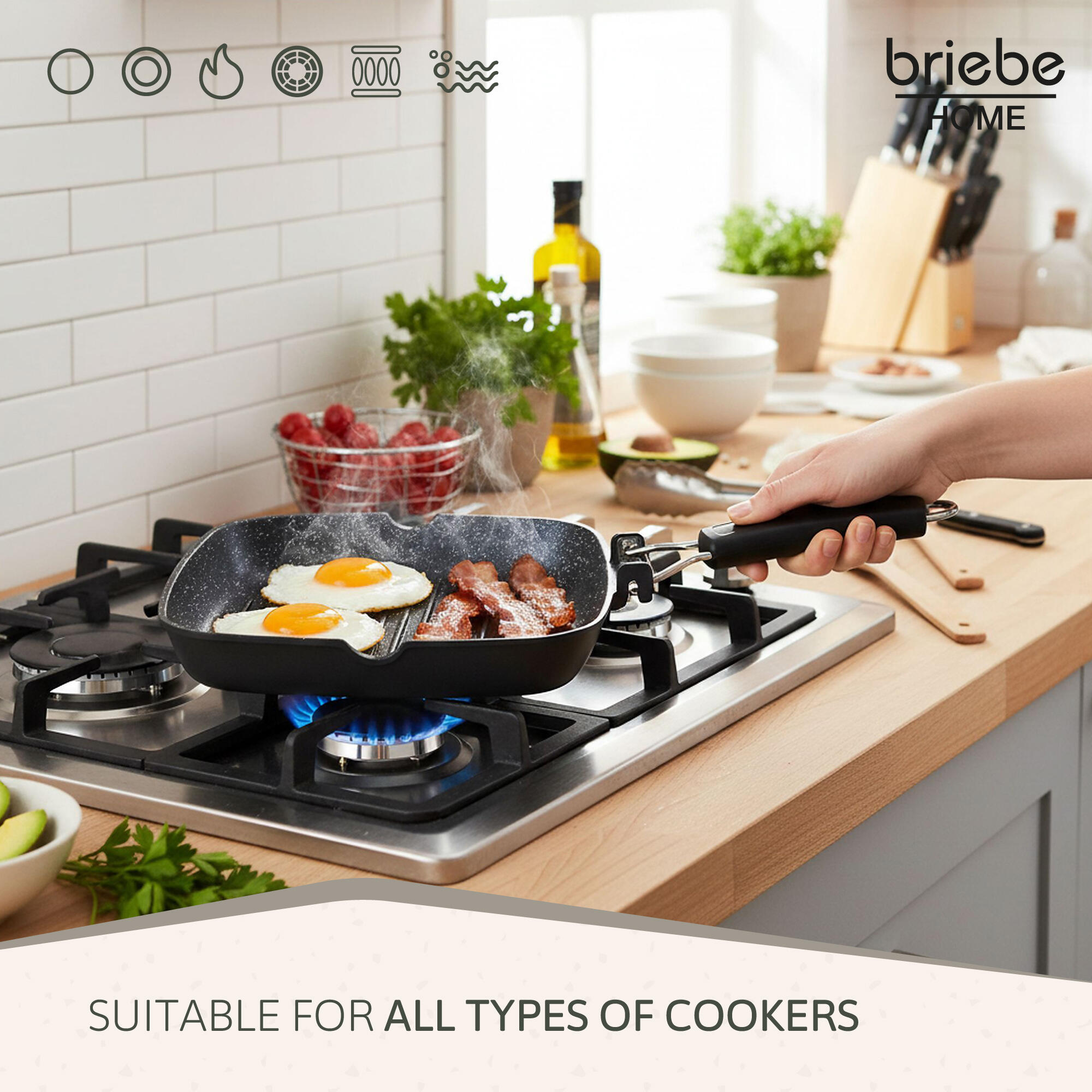 Poêle à Griller Induction Antiadhésif Titane 28x28cm Fonte d'Aluminium sans PFOA 5/7