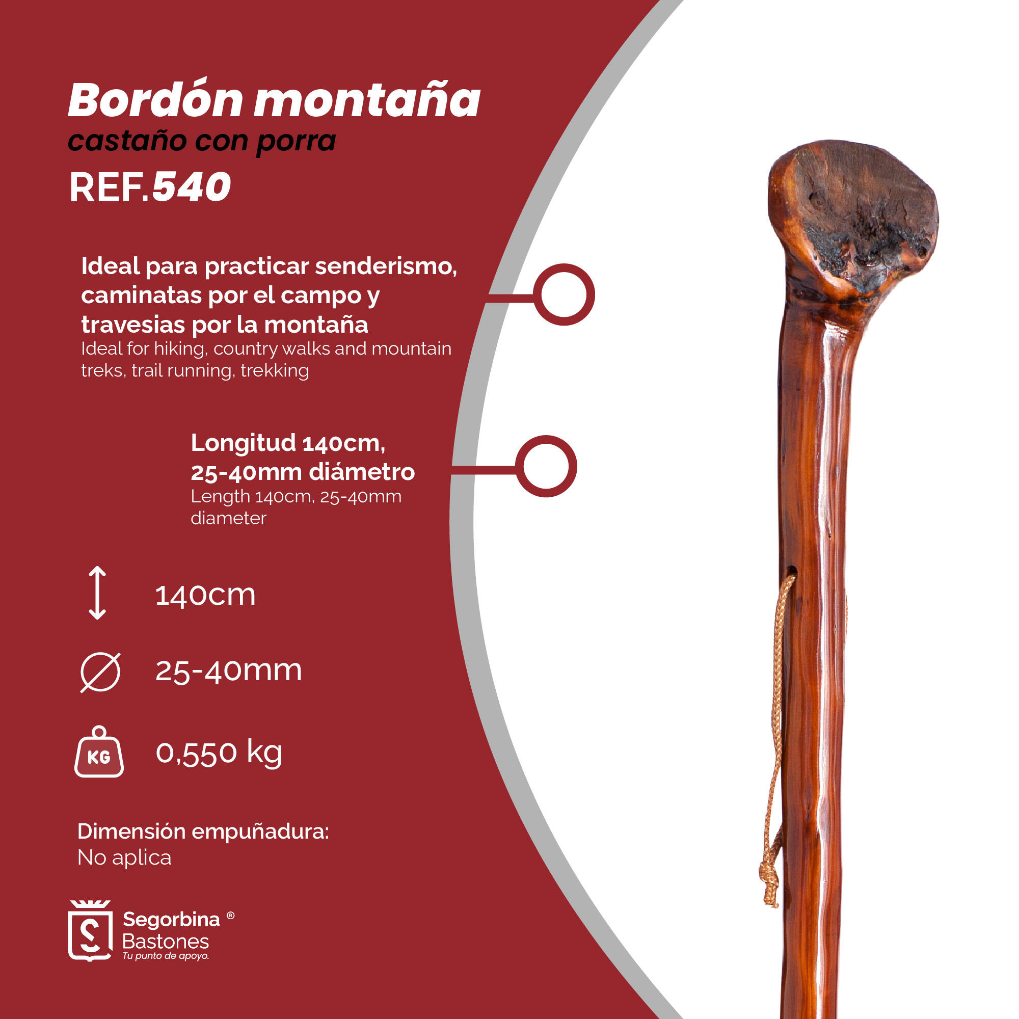 Bastão peregrino em madeira de castanheiro, com bastão 1,40m 3/5