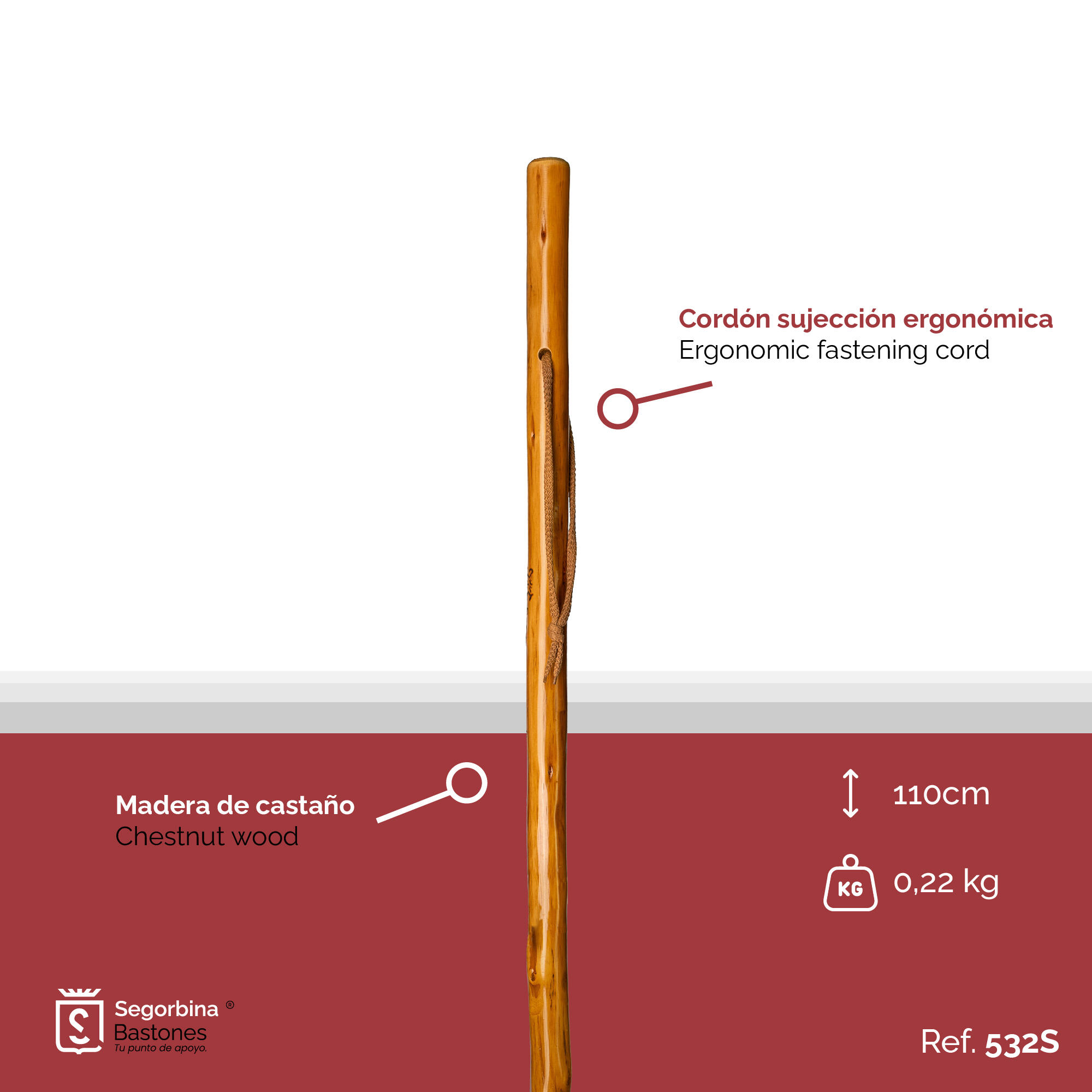 Bastão de caminhada em madeira de castanho 110cm 3/5