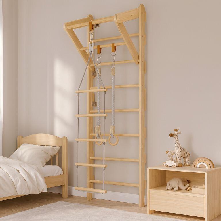 GORILLA SPORTS Dětské dřevěné žebřiny s hrazdou, kruhy a provazovým žebříkem