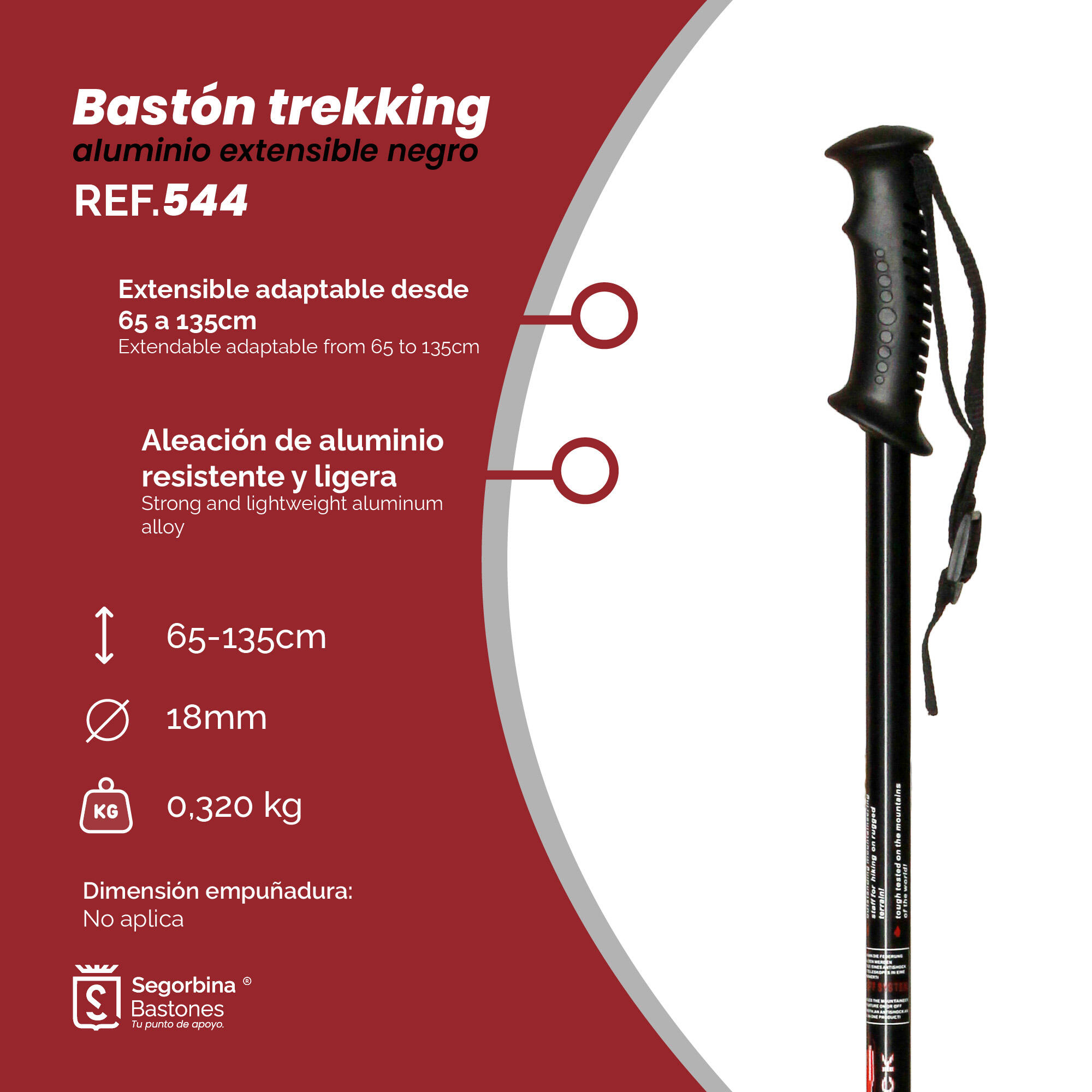 Trekkingstock Aluminium ausziehbar schwarz 65-135cm 5/6