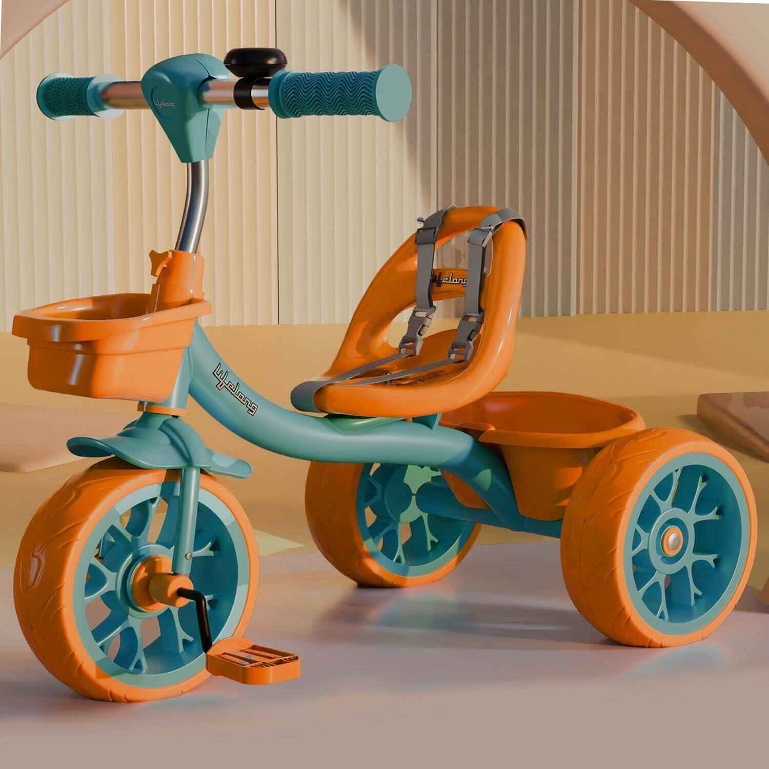 Lifelong Trike Cycle for Kids Cycle 2-5 Years | Tricycles for Boy&Girl | Baby Cycle | Bicycle for Kids | Bike for Kids with 3 Eva Wheels, Bell & Basket for Toys -30Kg Capacity (Green & Tan) -  1