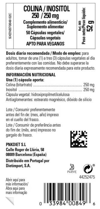 Colina Inositol 250/250 mg 50 Cápsulas 2/3