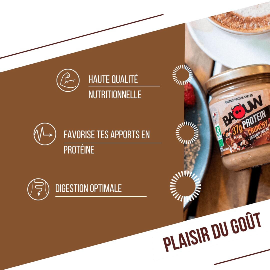 Pâte à tartiner BIO protéinée Crunchy, goût intense chocolat-noisettes, 200 g. 4/7