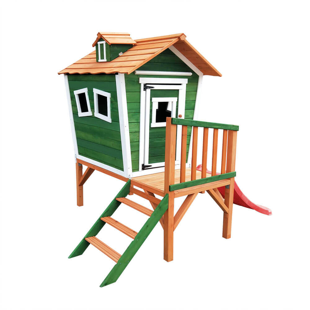 Casita de juegos sobre pilotes PINO con tobogán incluido - Verde 3/7