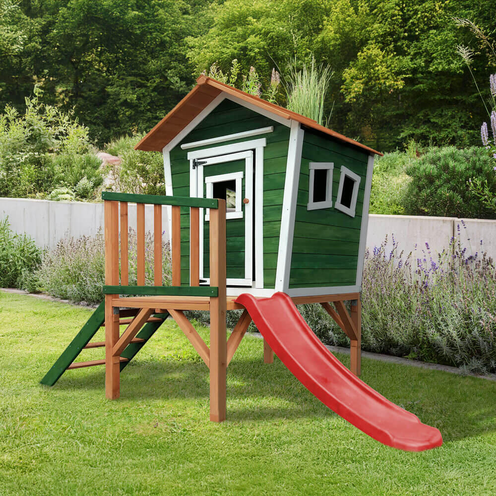 Casita de juegos sobre pilotes PINO con tobogán incluido - Verde 2/7