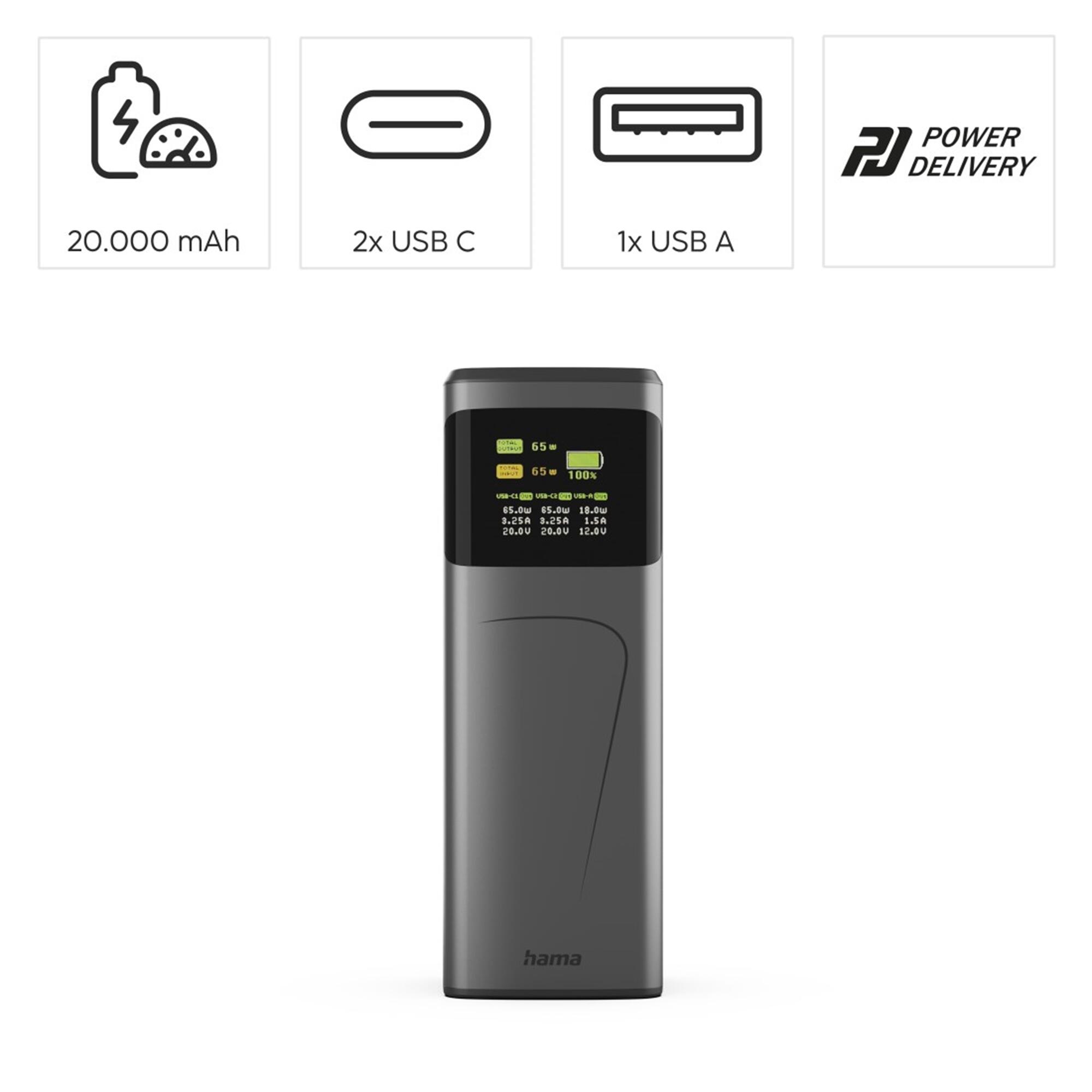 HAMA Power Pack High Power, 20000mAh, 2xUSB-C, USB-A 2/7