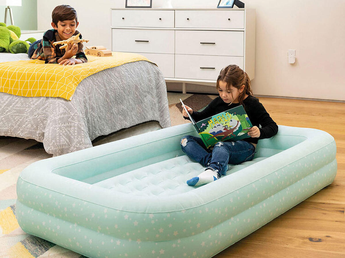 Matelas gonflable enfant 1 place étoilé bleu + gonfleur 3/5
