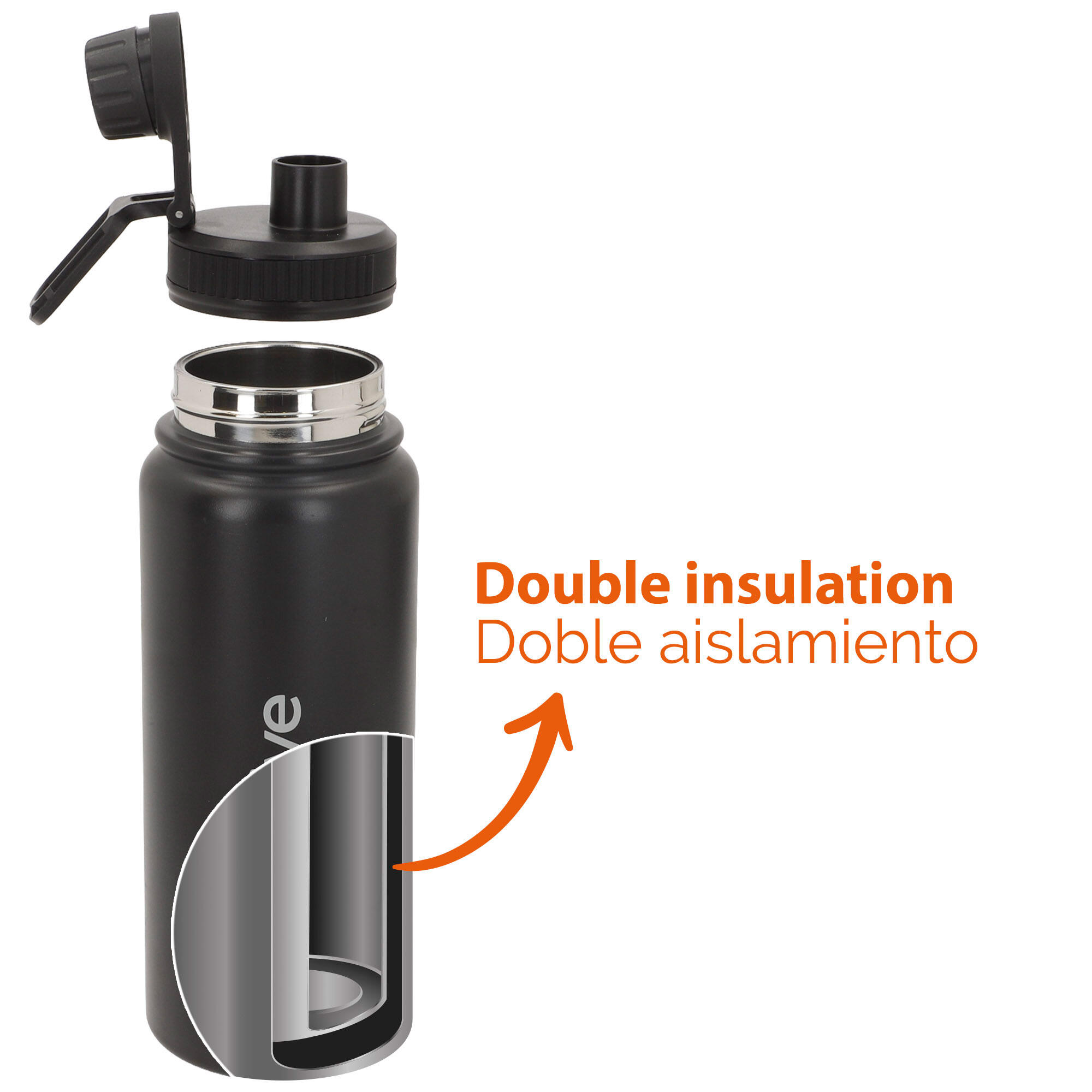 Aktive Garrafa térmica preta de aço inoxidável de 800 ml com tampa de rosca 3/7