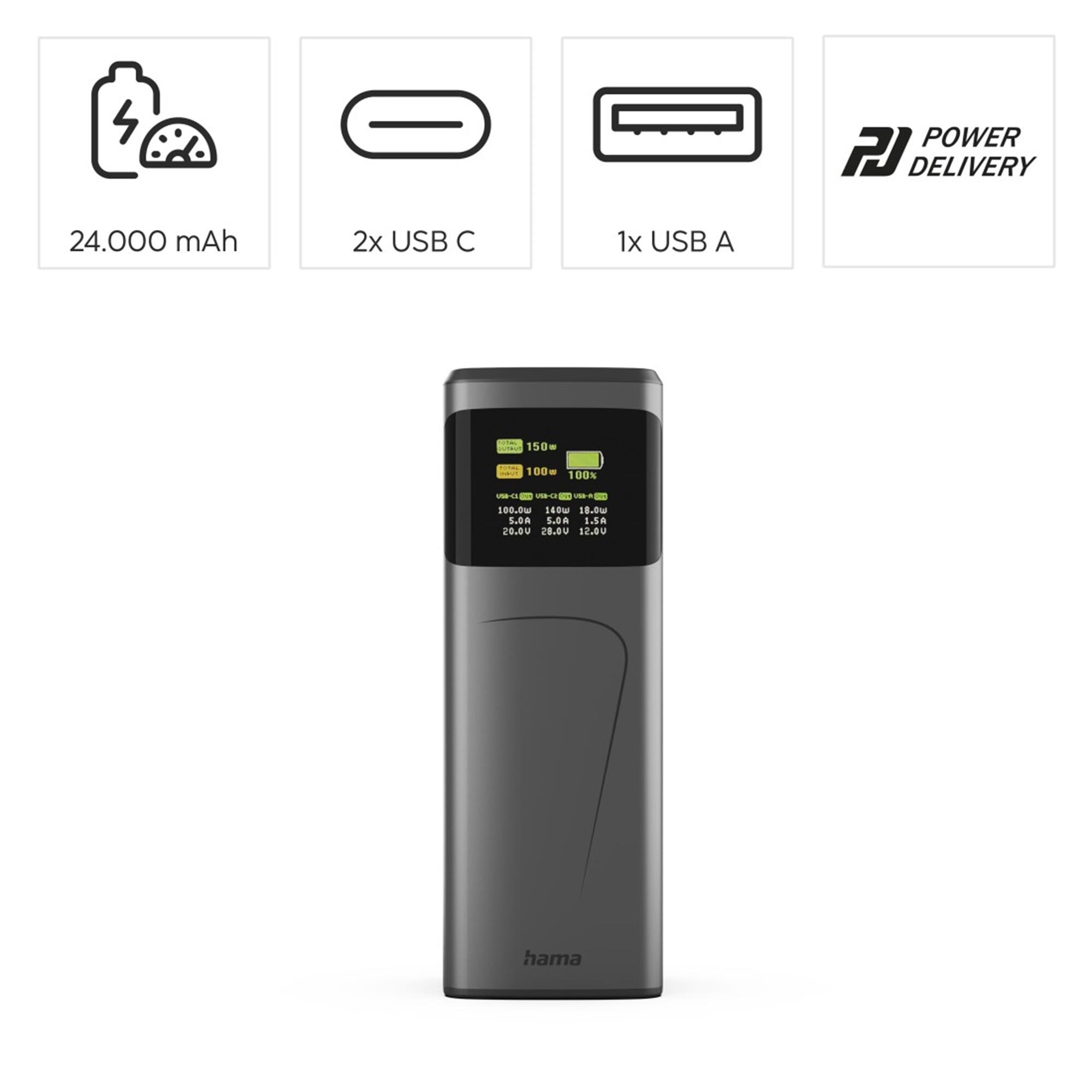 HAMA Power Pack High Power, 24000mAh, 2xUSB-C, USB-A 2/7