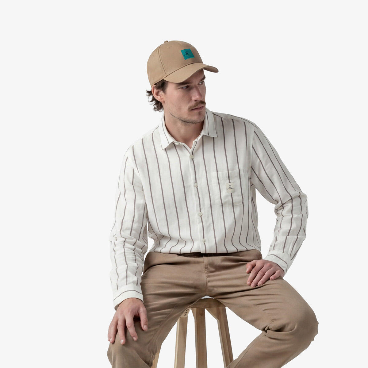 Camicia a maniche lunghe a righe larghe in cotone verde argilla 2/6