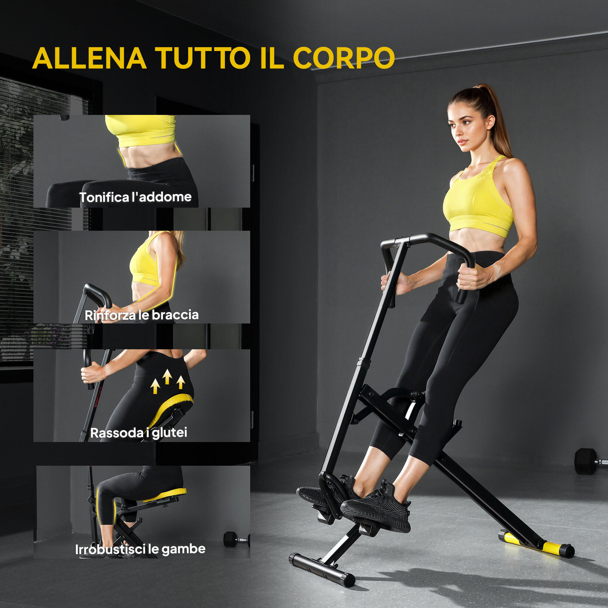 SPORTNOW Macchina Total Crunch Pieghevole in PP e Acciaio 57x105x115 cm Giallo 7/7