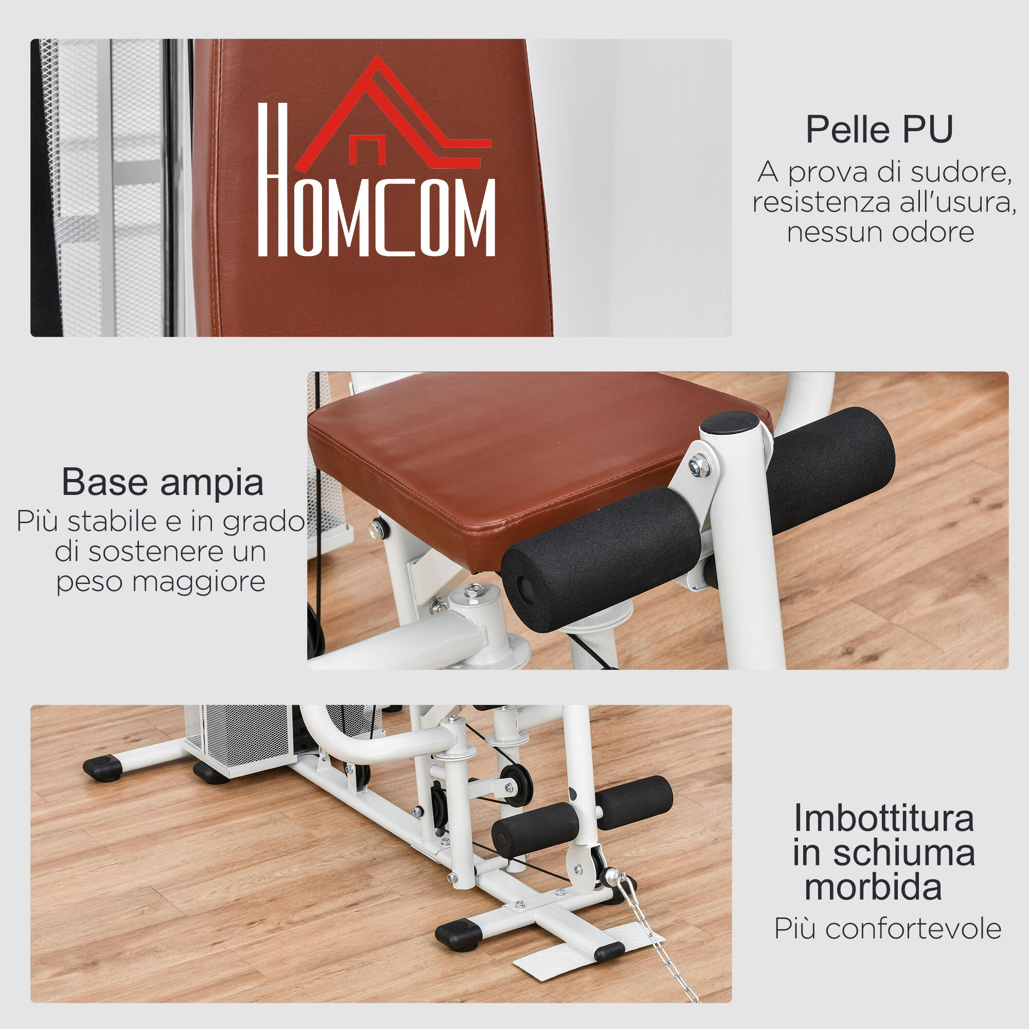 HOMCOM Stazione Fitness Multifunzione con 4 Imbottiture in Acciaio e PU Bianco 7/8