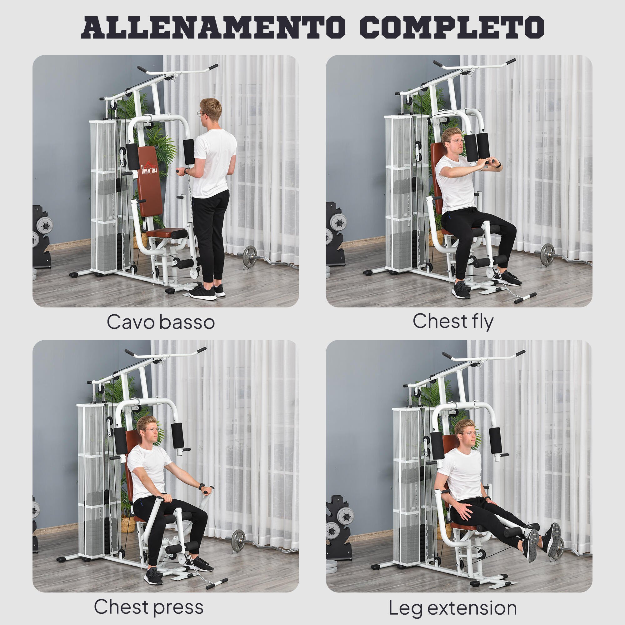 HOMCOM Stazione Fitness Multifunzione con 4 Imbottiture in Acciaio e PU Bianco 4/8